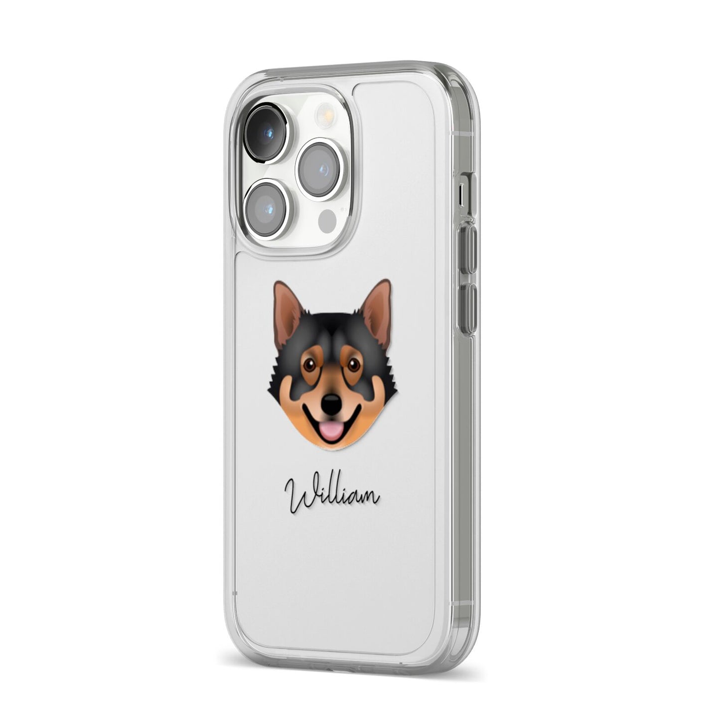 Swedish Vallhund Personalised iPhone 14 Pro Clear Tough Case Silver Angled Image
