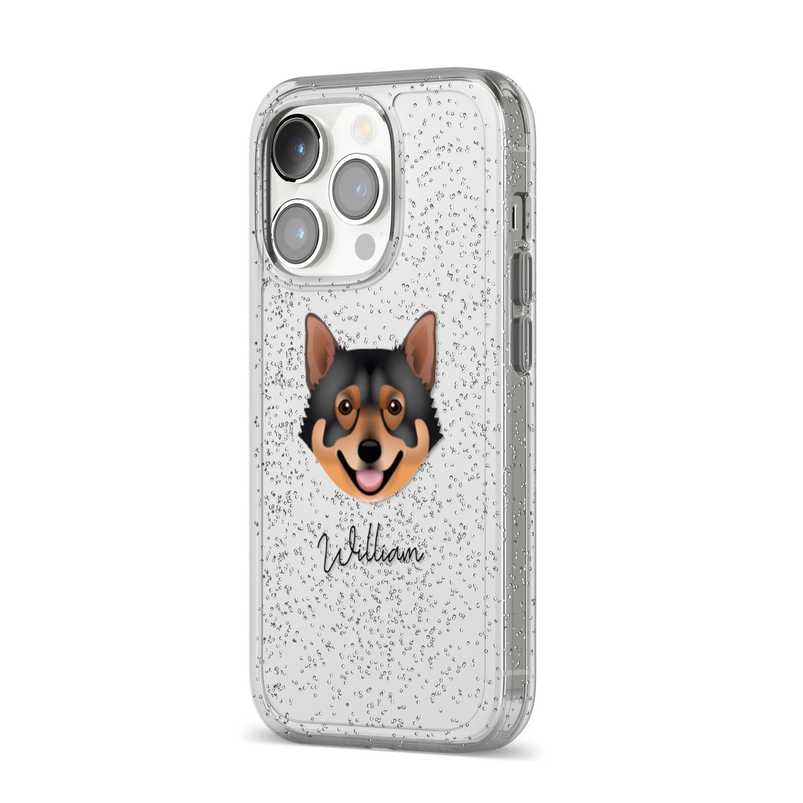 Swedish Vallhund Personalised iPhone 14 Pro Glitter Tough Case Silver Angled Image