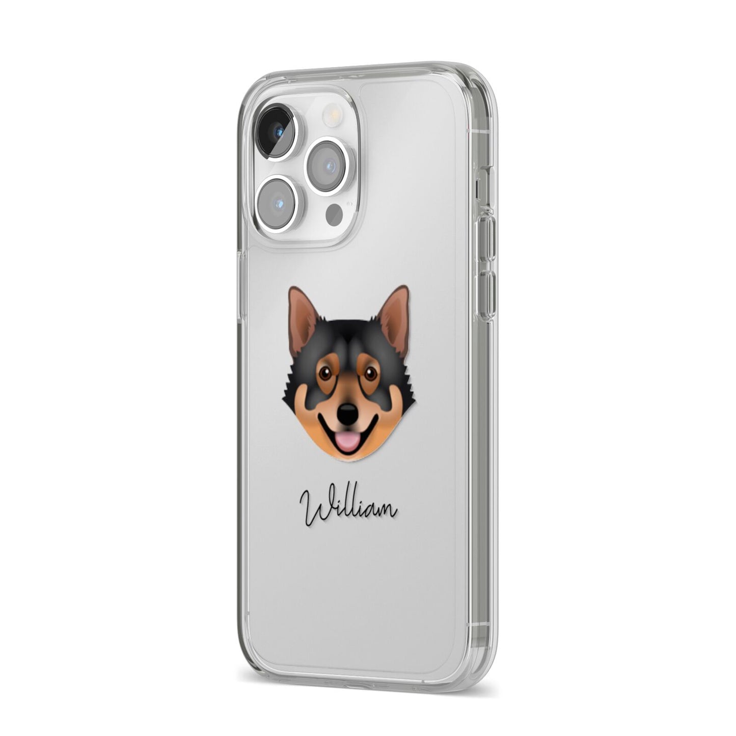 Swedish Vallhund Personalised iPhone 14 Pro Max Clear Tough Case Silver Angled Image