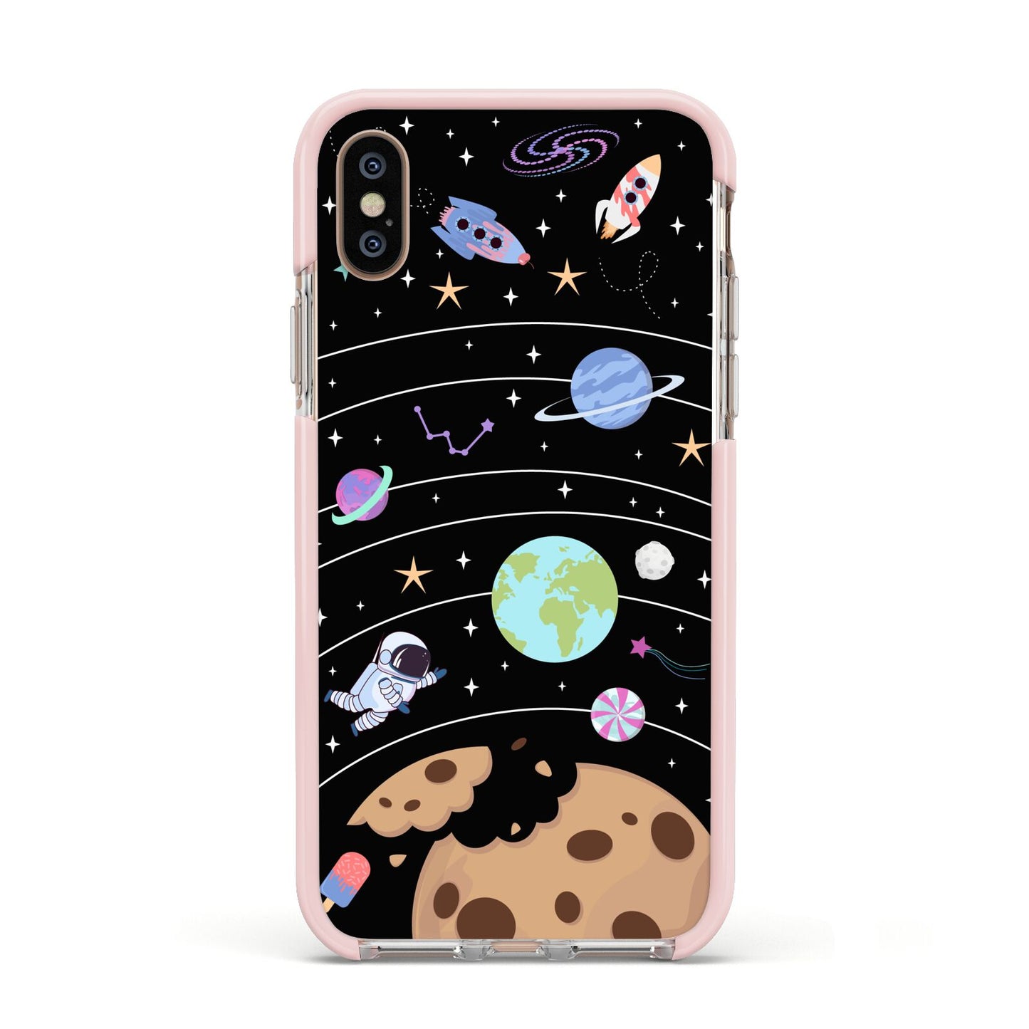 Sweet Celestial Scene Apple iPhone Xs Impact Case Pink Edge on Gold Phone