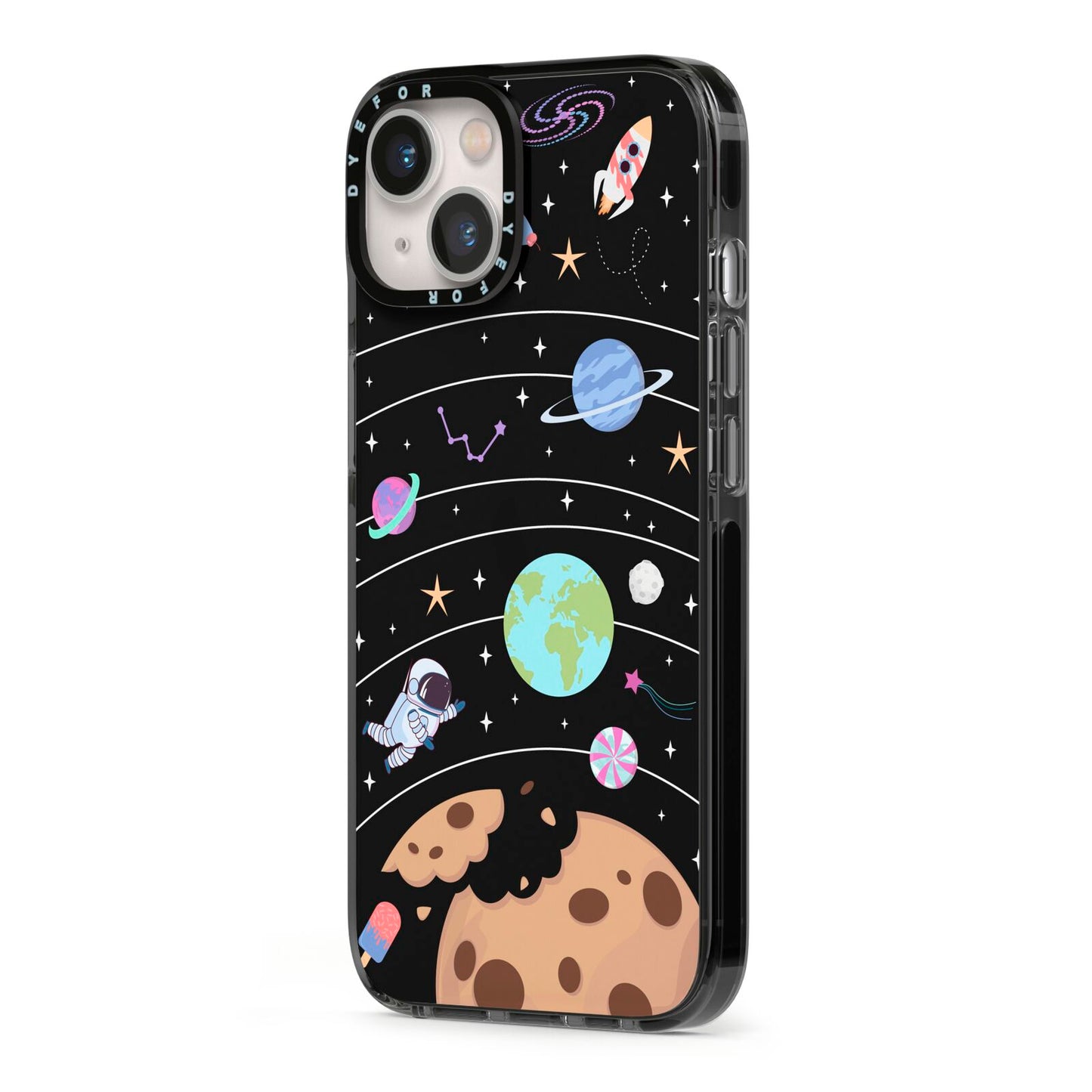 Sweet Celestial Scene iPhone 13 Black Impact Case Side Angle on Silver phone