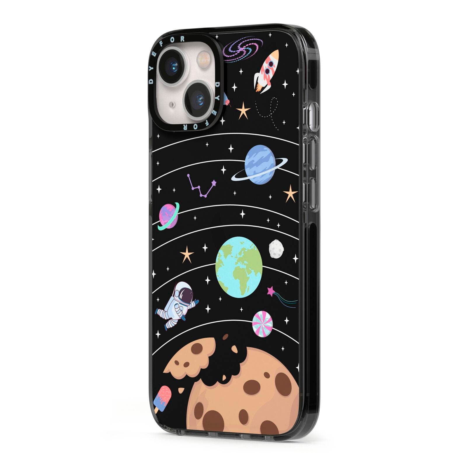 Sweet Celestial Scene iPhone 13 Black Impact Case Side Angle on Silver phone