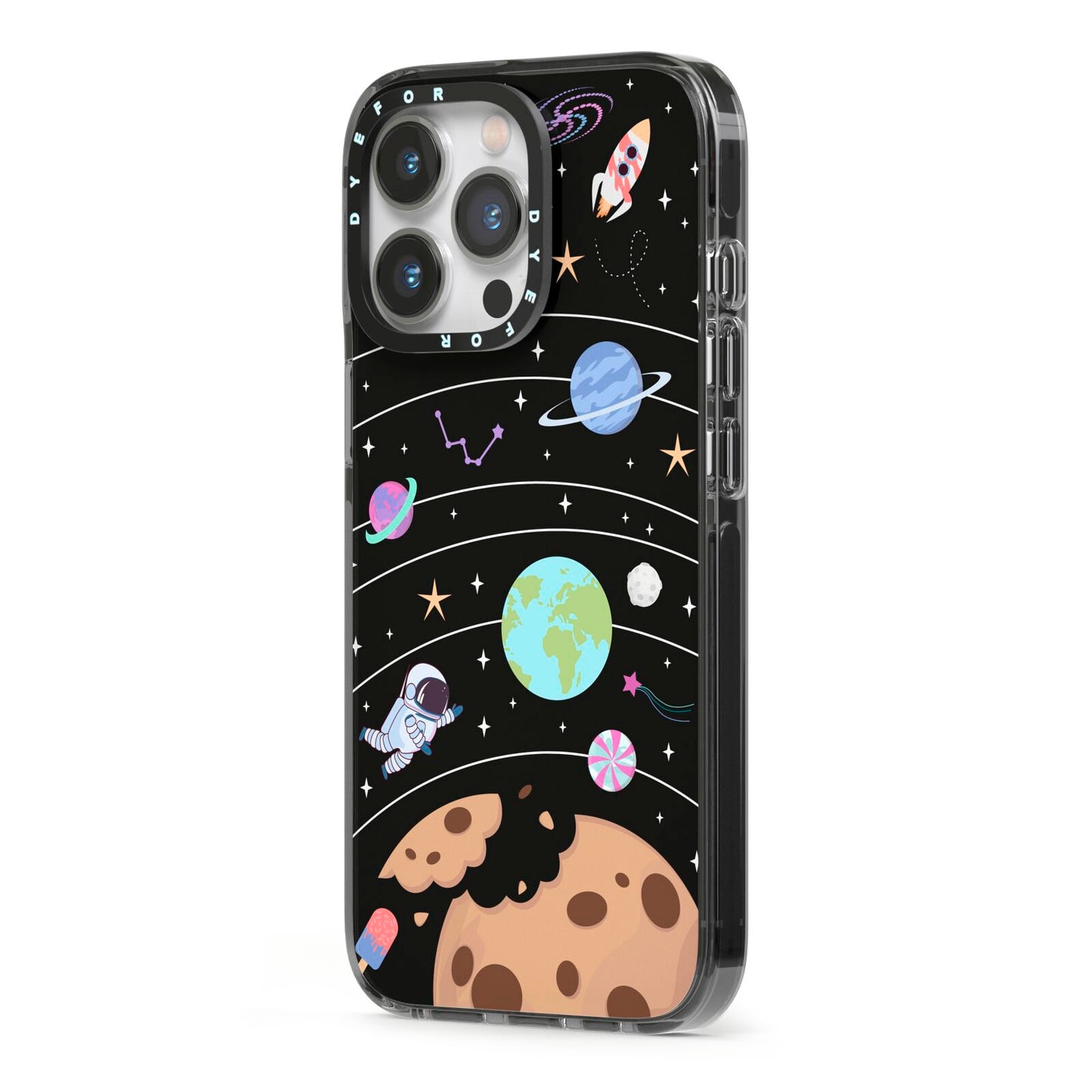 Sweet Celestial Scene iPhone 13 Pro Black Impact Case Side Angle on Silver phone