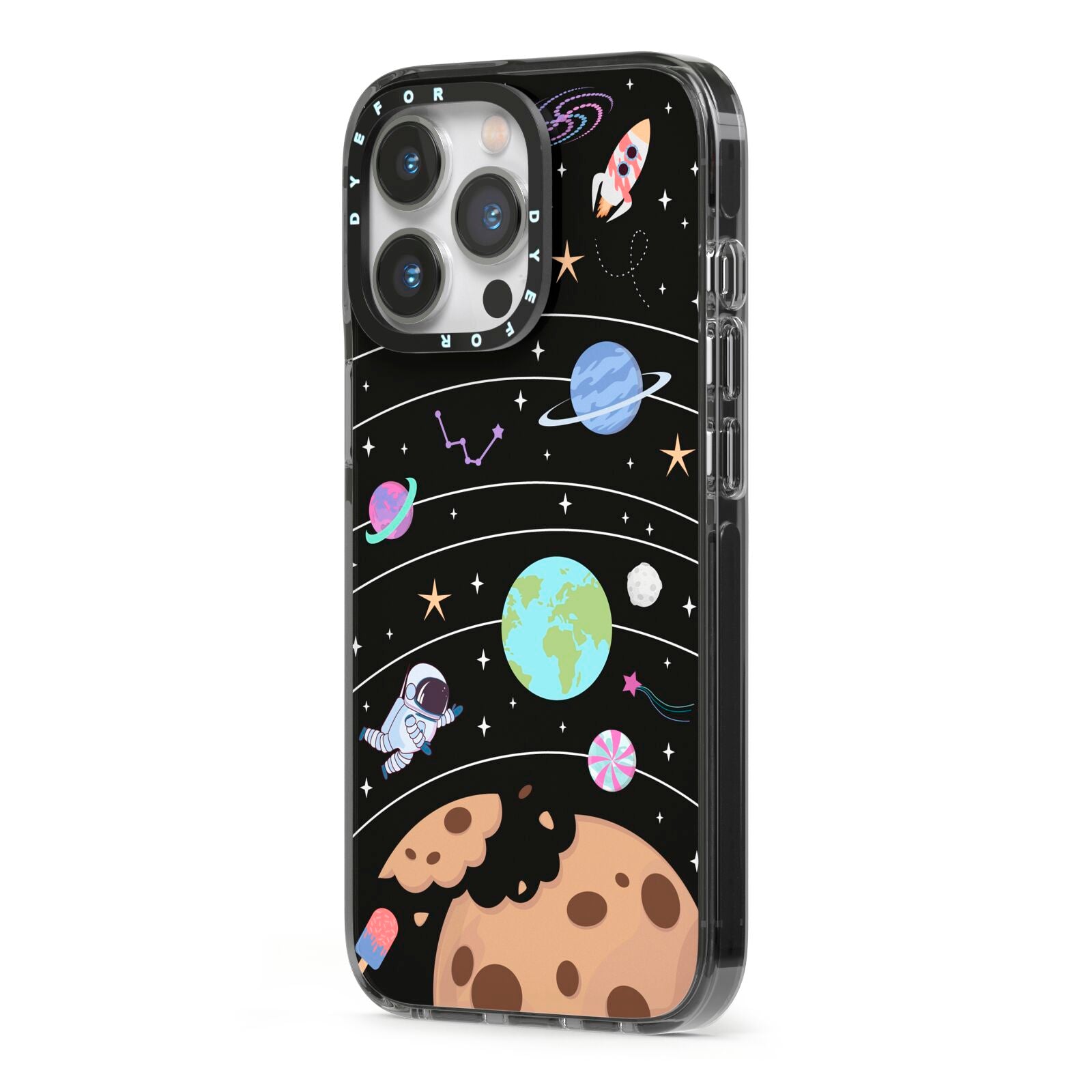 Sweet Celestial Scene iPhone 13 Pro Black Impact Case Side Angle on Silver phone