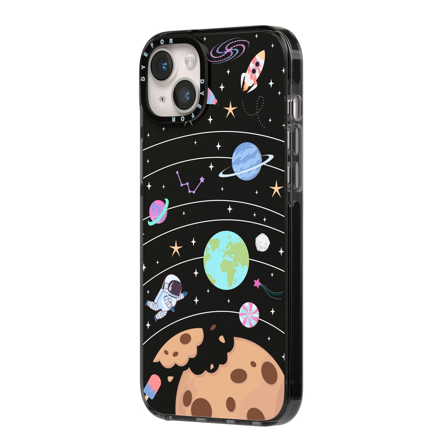 Sweet Celestial Scene iPhone 14 Plus Black Impact Case Side Angle on Silver phone