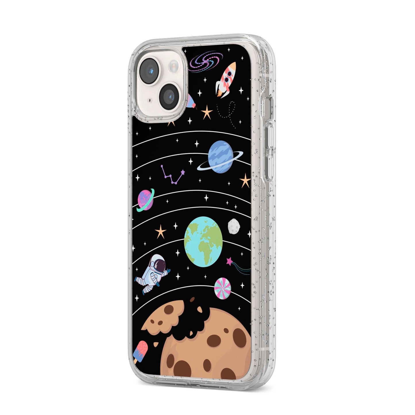 Sweet Celestial Scene iPhone 14 Plus Glitter Tough Case Starlight Angled Image