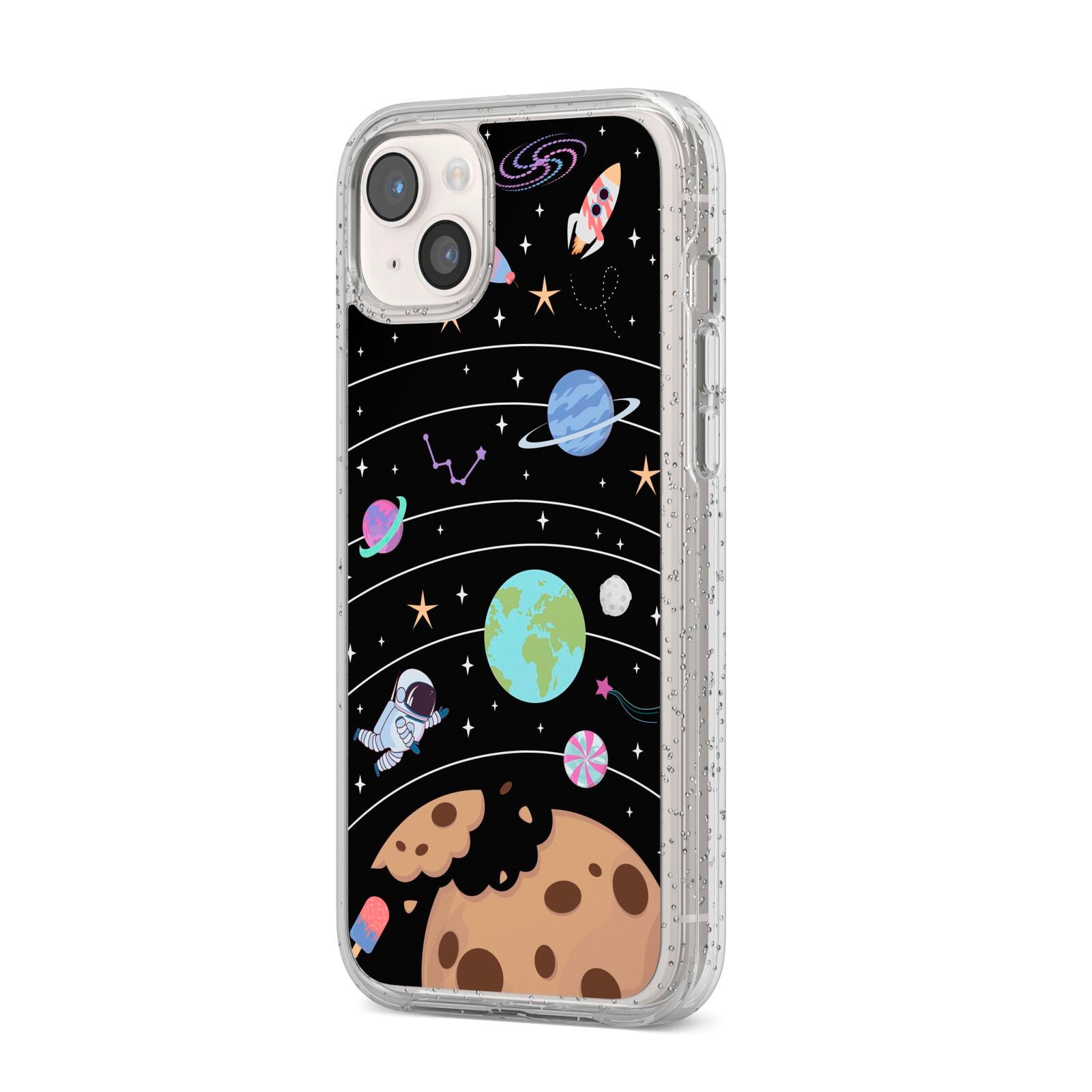 Sweet Celestial Scene iPhone 14 Plus Glitter Tough Case Starlight Angled Image