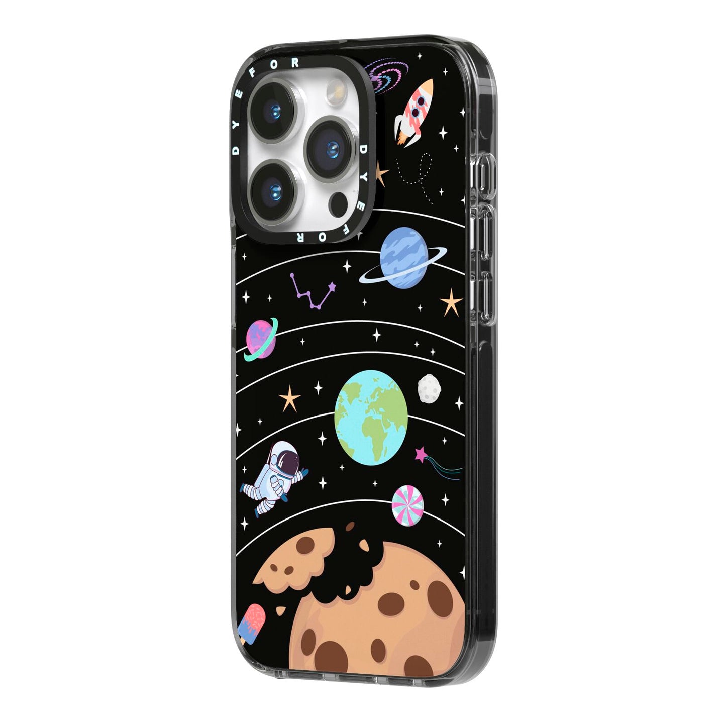 Sweet Celestial Scene iPhone 14 Pro Black Impact Case Side Angle on Silver phone