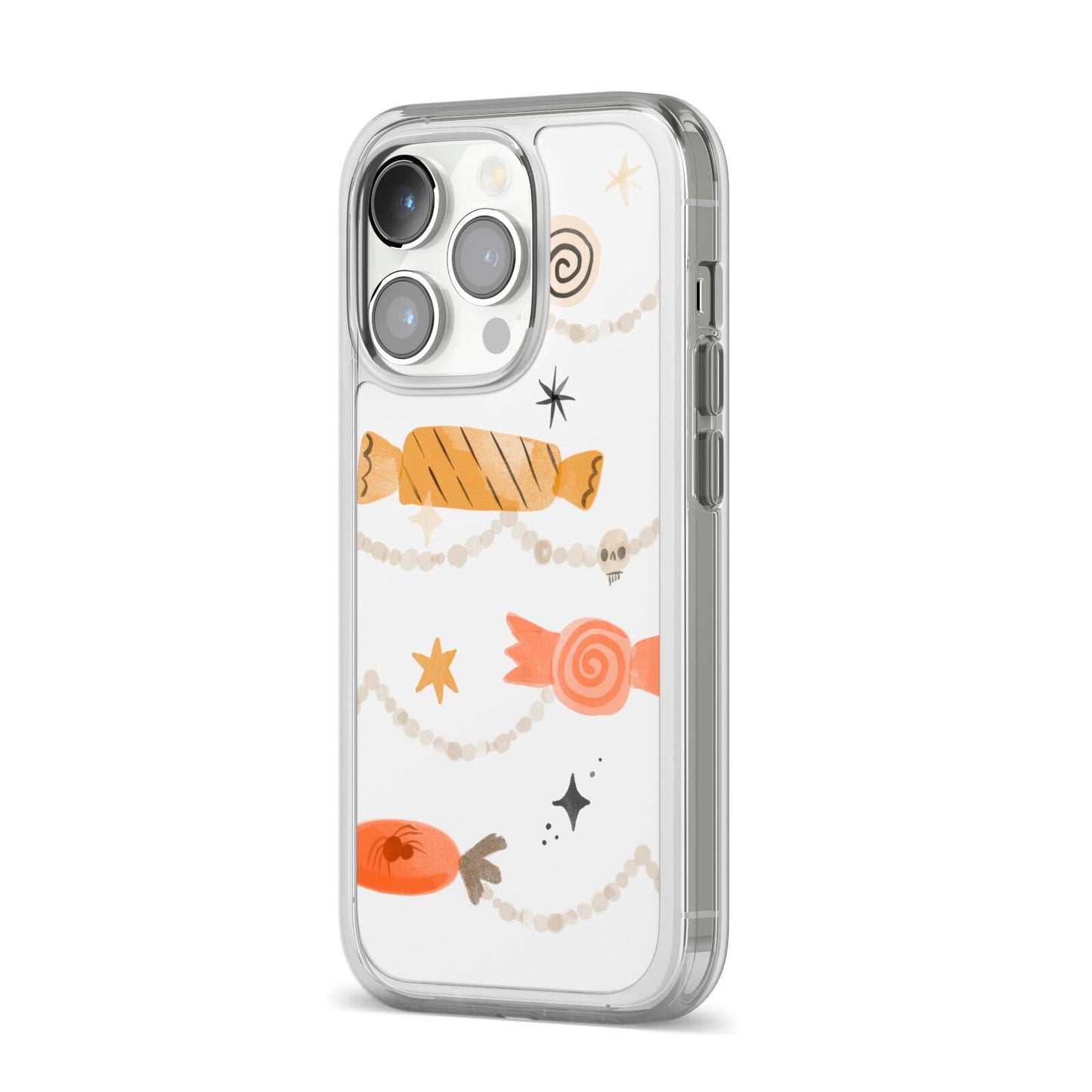 Sweet Decorations Halloween iPhone 14 Pro Clear Tough Case Silver Angled Image