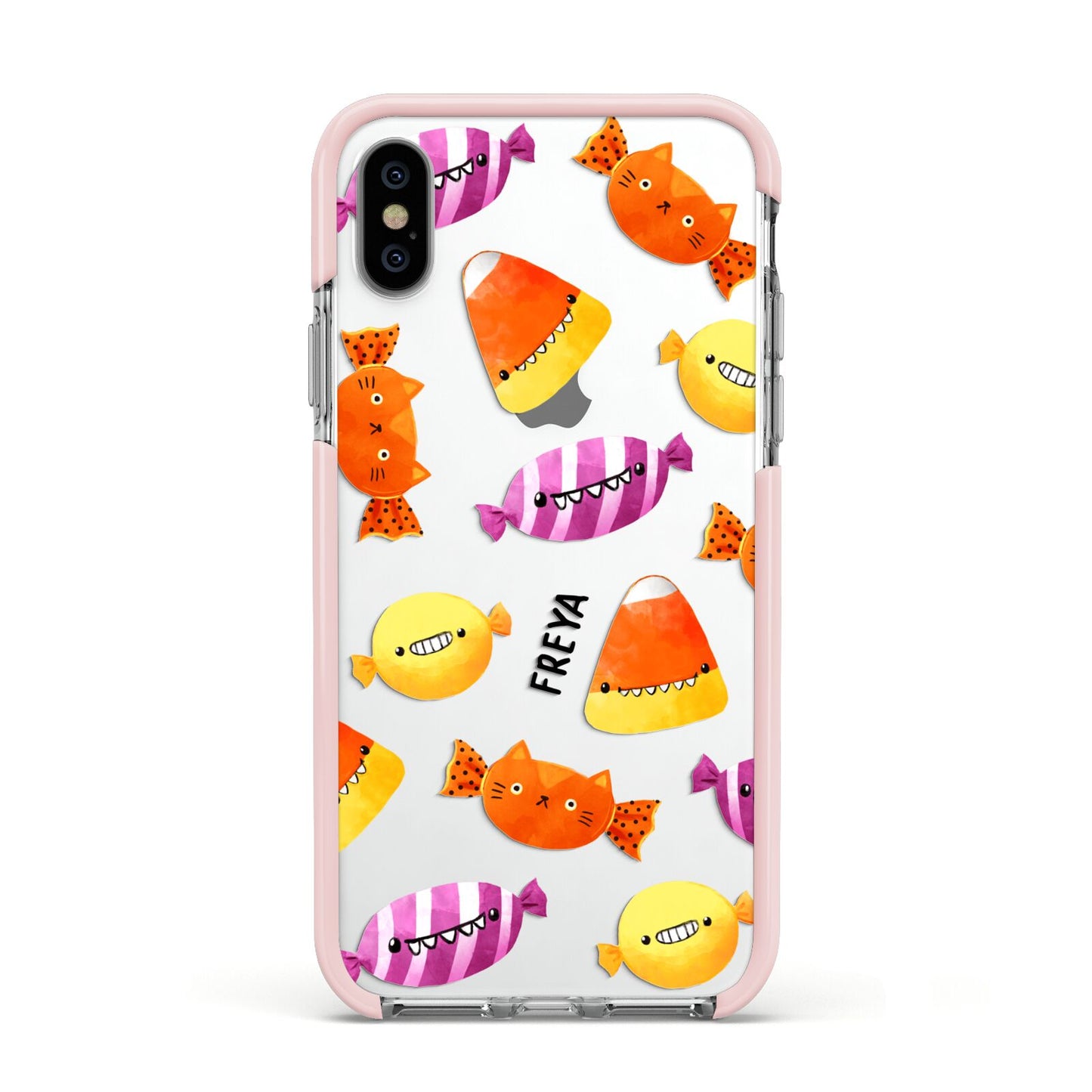 Sweet Faces Halloween Personalised Apple iPhone Xs Impact Case Pink Edge on Silver Phone