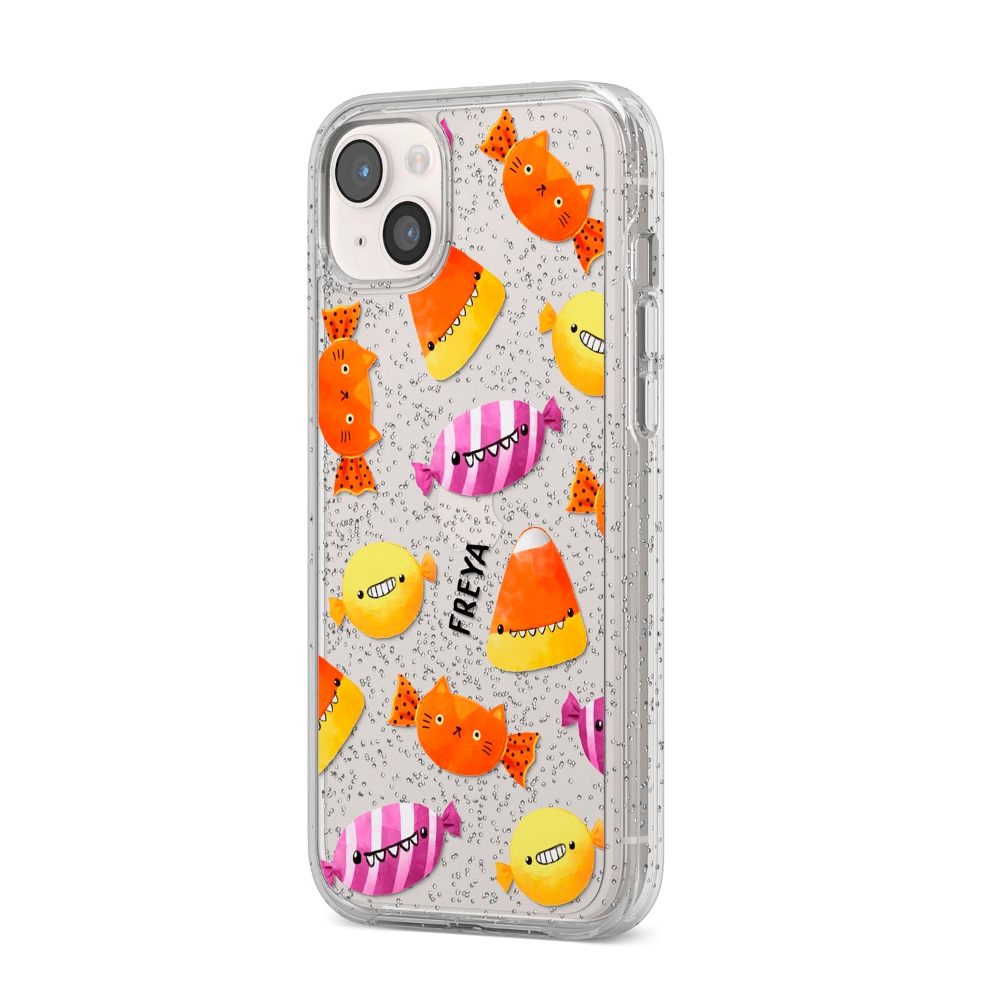 Sweet Faces Halloween Personalised iPhone 14 Plus Glitter Tough Case Starlight Angled Image