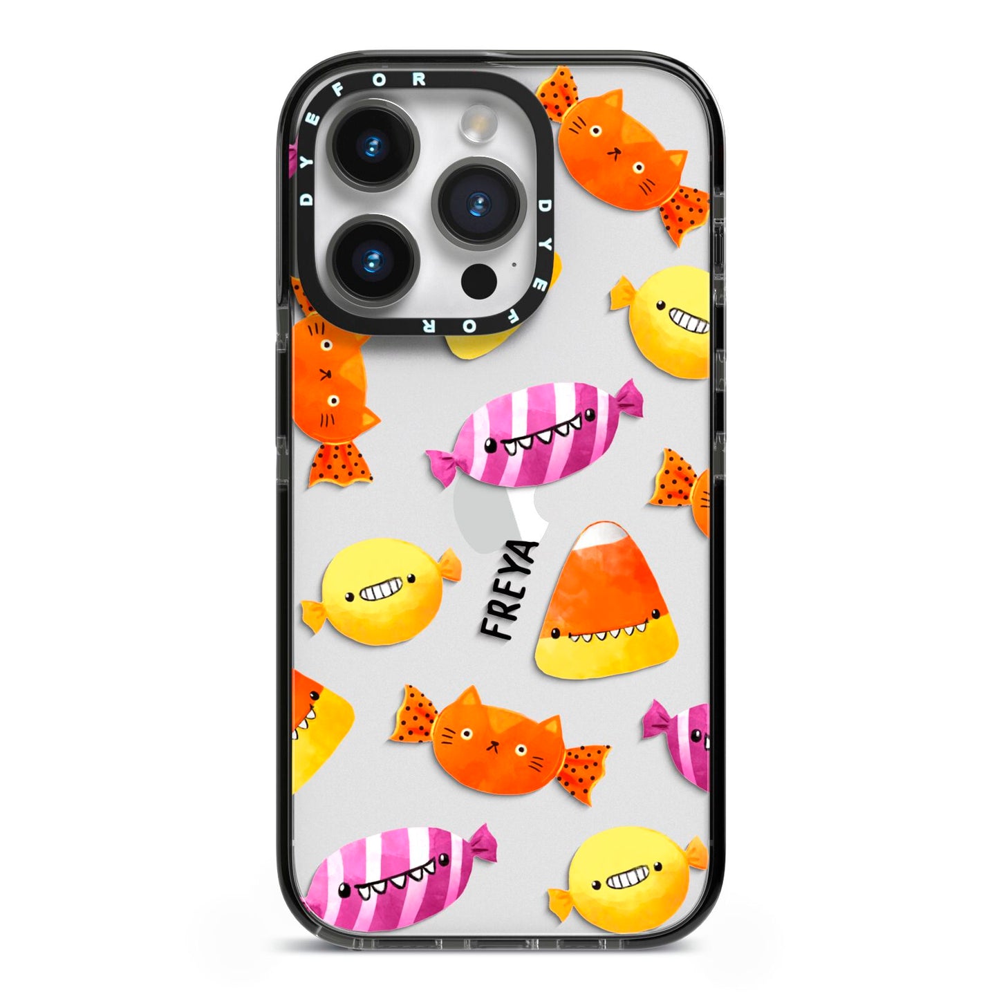 Sweet Faces Halloween Personalised iPhone 14 Pro Black Impact Case on Silver phone