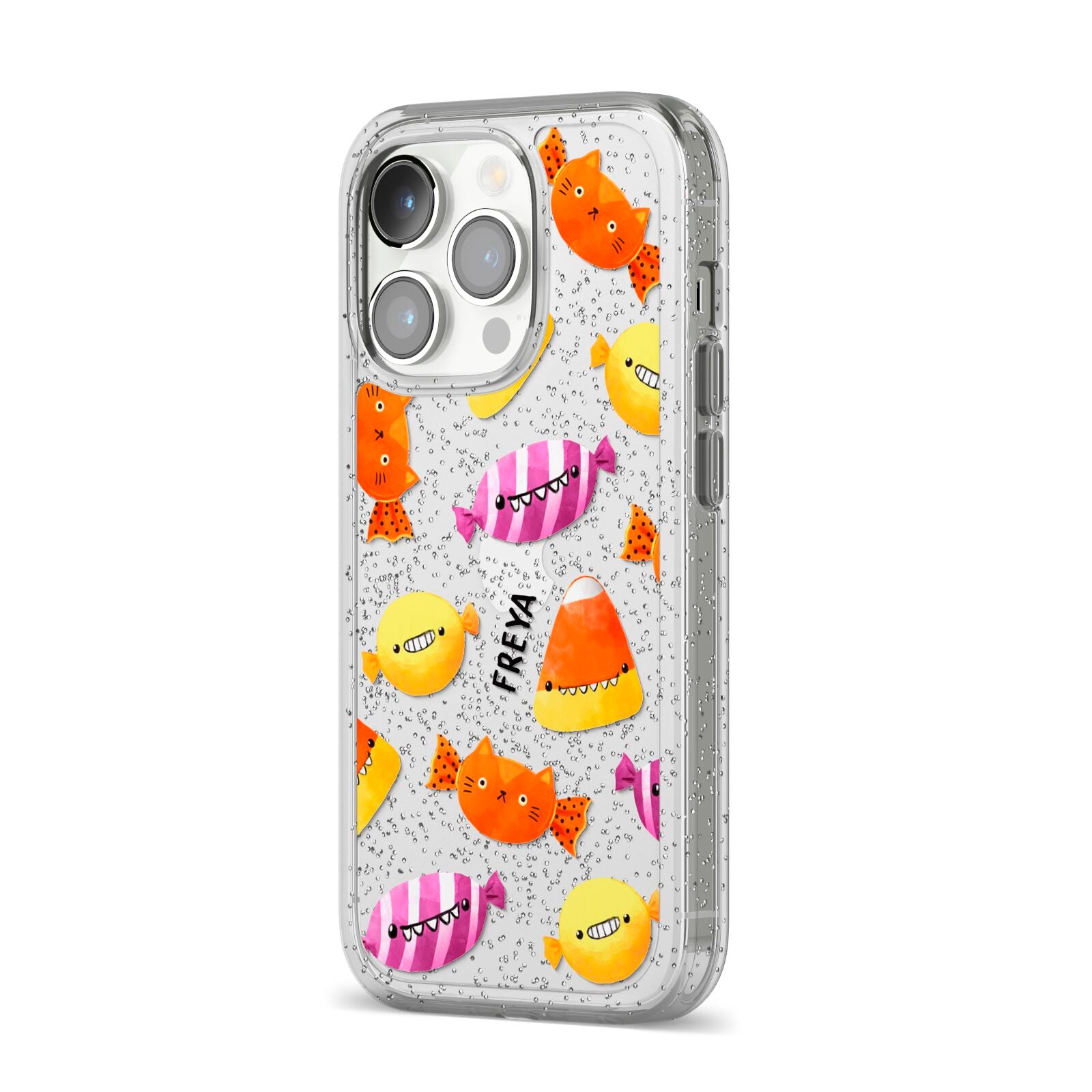 Sweet Faces Halloween Personalised iPhone 14 Pro Glitter Tough Case Silver Angled Image