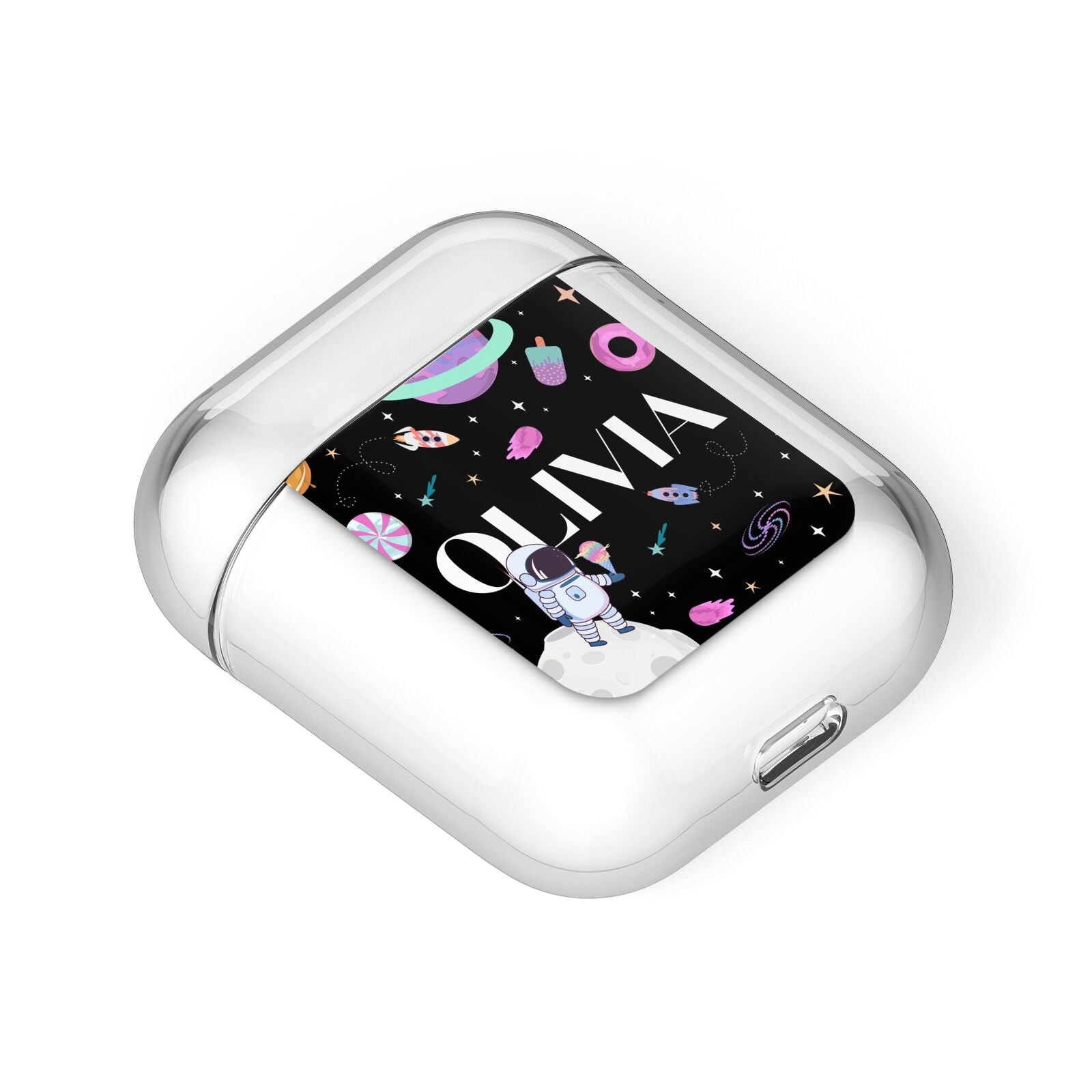Sweet Treats in Space with Name AirPods Case Laid Flat