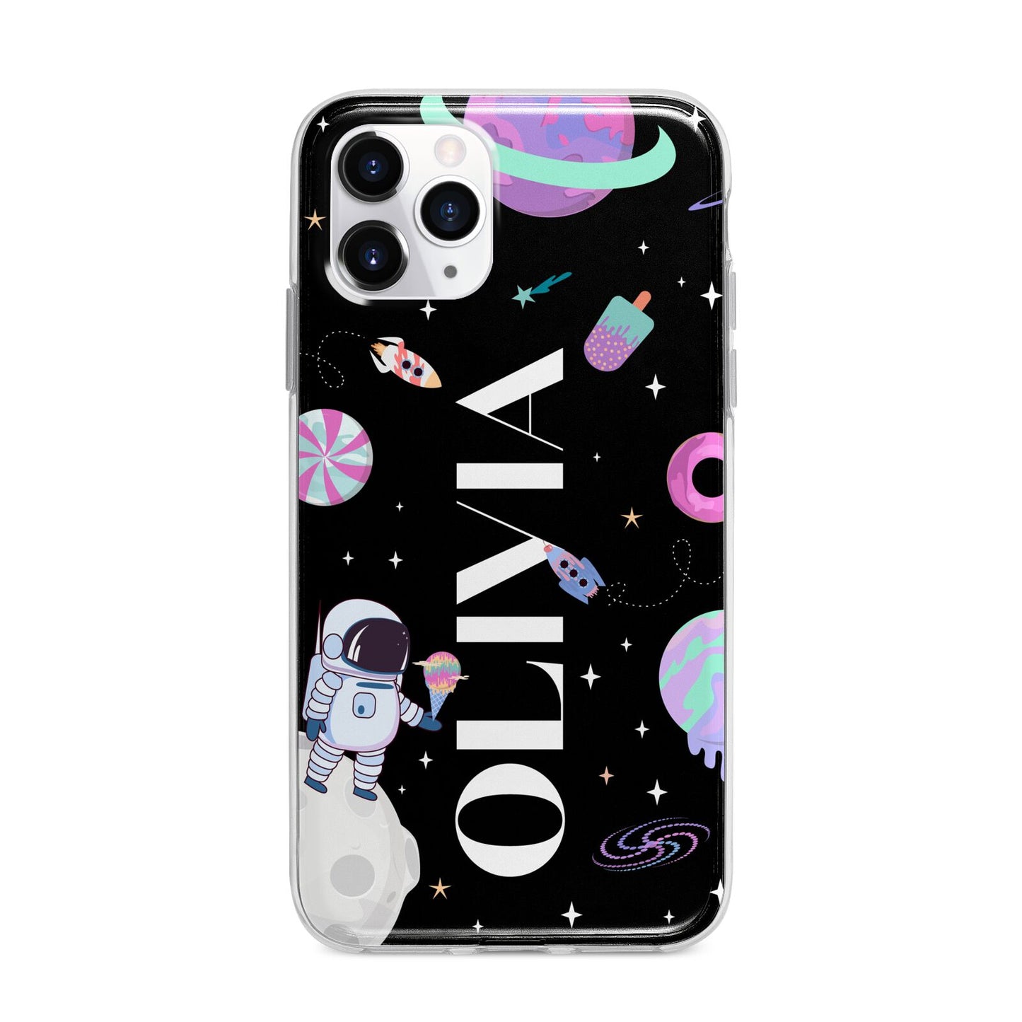 Sweet Treats in Space with Name Apple iPhone 11 Pro Max in Silver with Bumper Case