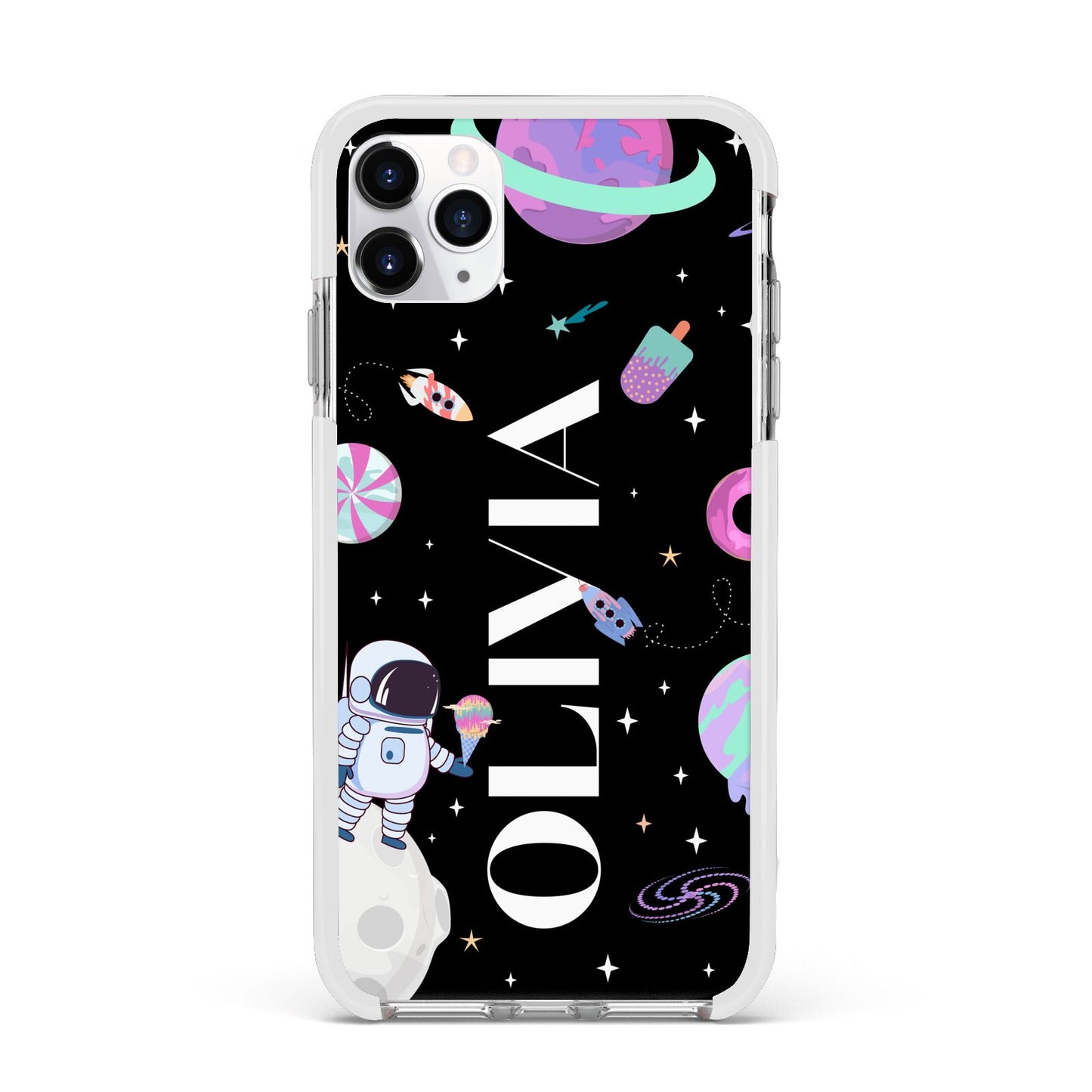 Sweet Treats in Space with Name Apple iPhone 11 Pro Max in Silver with White Impact Case