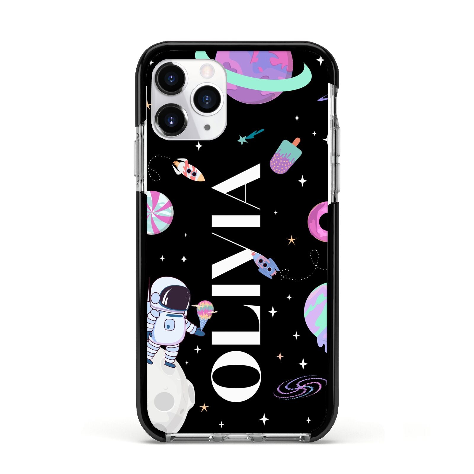 Sweet Treats in Space with Name Apple iPhone 11 Pro in Silver with Black Impact Case