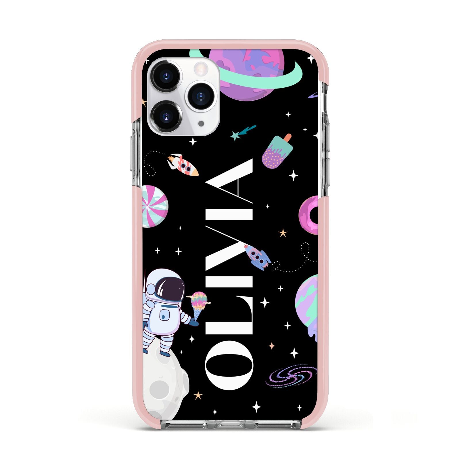 Sweet Treats in Space with Name Apple iPhone 11 Pro in Silver with Pink Impact Case