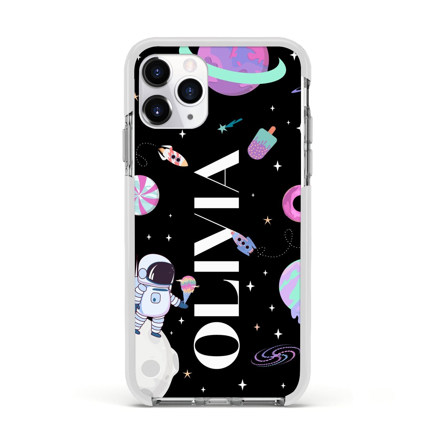 Sweet Treats in Space with Name Apple iPhone 11 Pro in Silver with White Impact Case