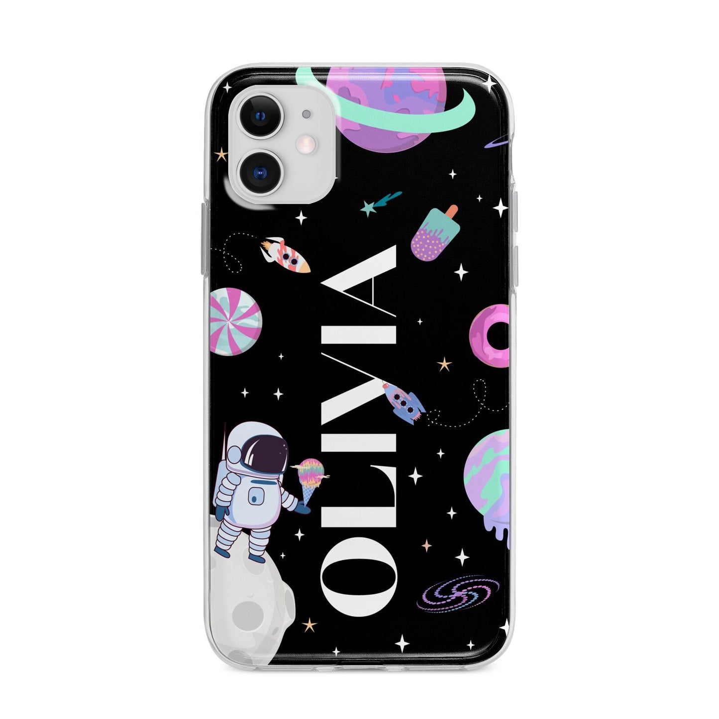 Sweet Treats in Space with Name Apple iPhone 11 in White with Bumper Case