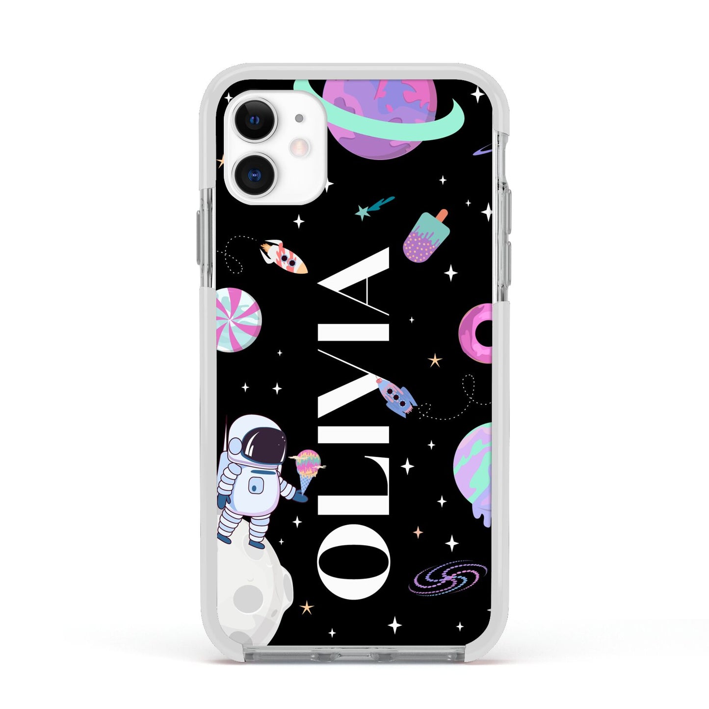 Sweet Treats in Space with Name Apple iPhone 11 in White with White Impact Case