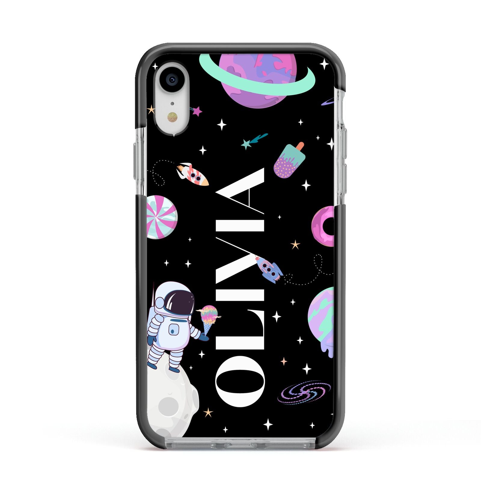 Sweet Treats in Space with Name Apple iPhone XR Impact Case Black Edge on Silver Phone