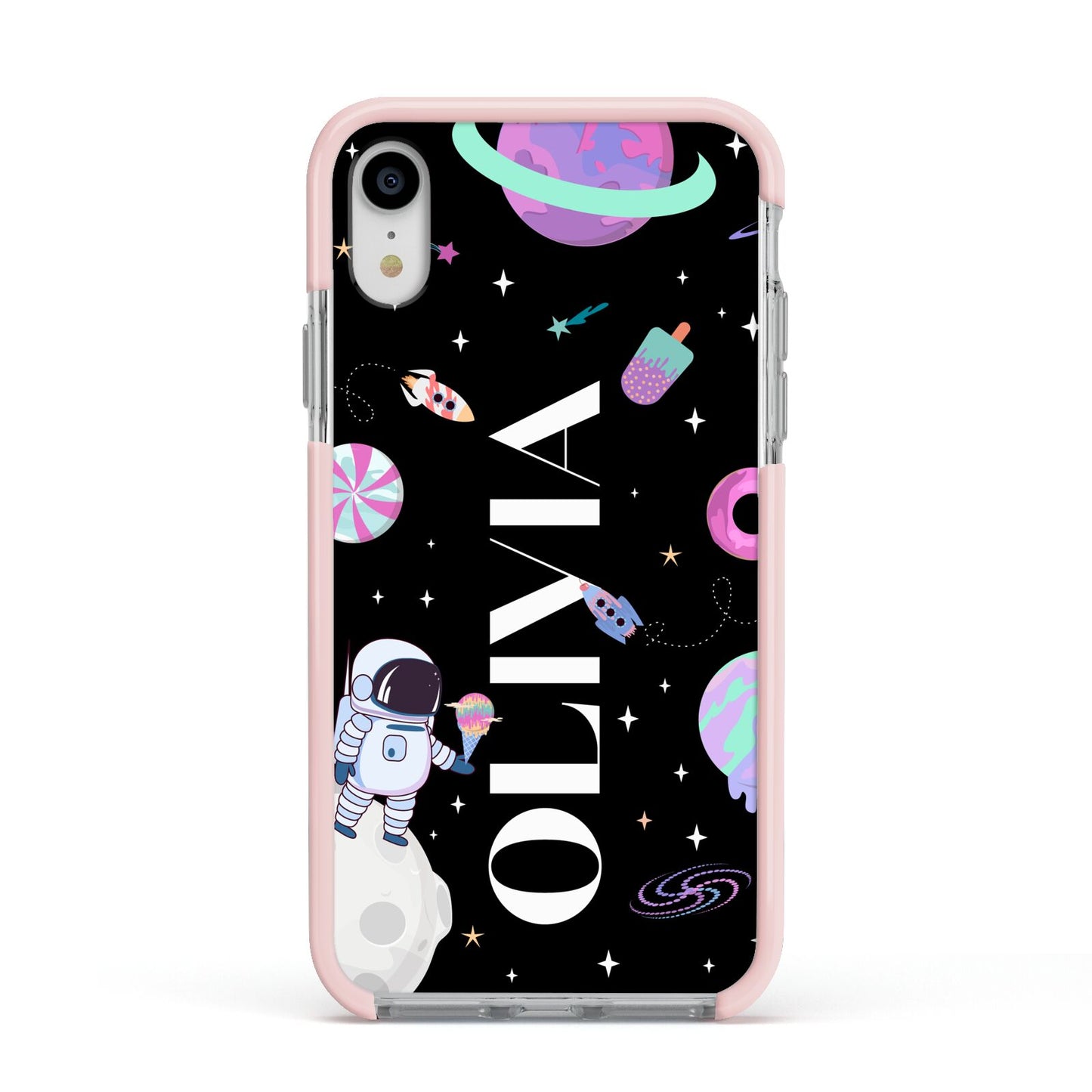 Sweet Treats in Space with Name Apple iPhone XR Impact Case Pink Edge on Silver Phone