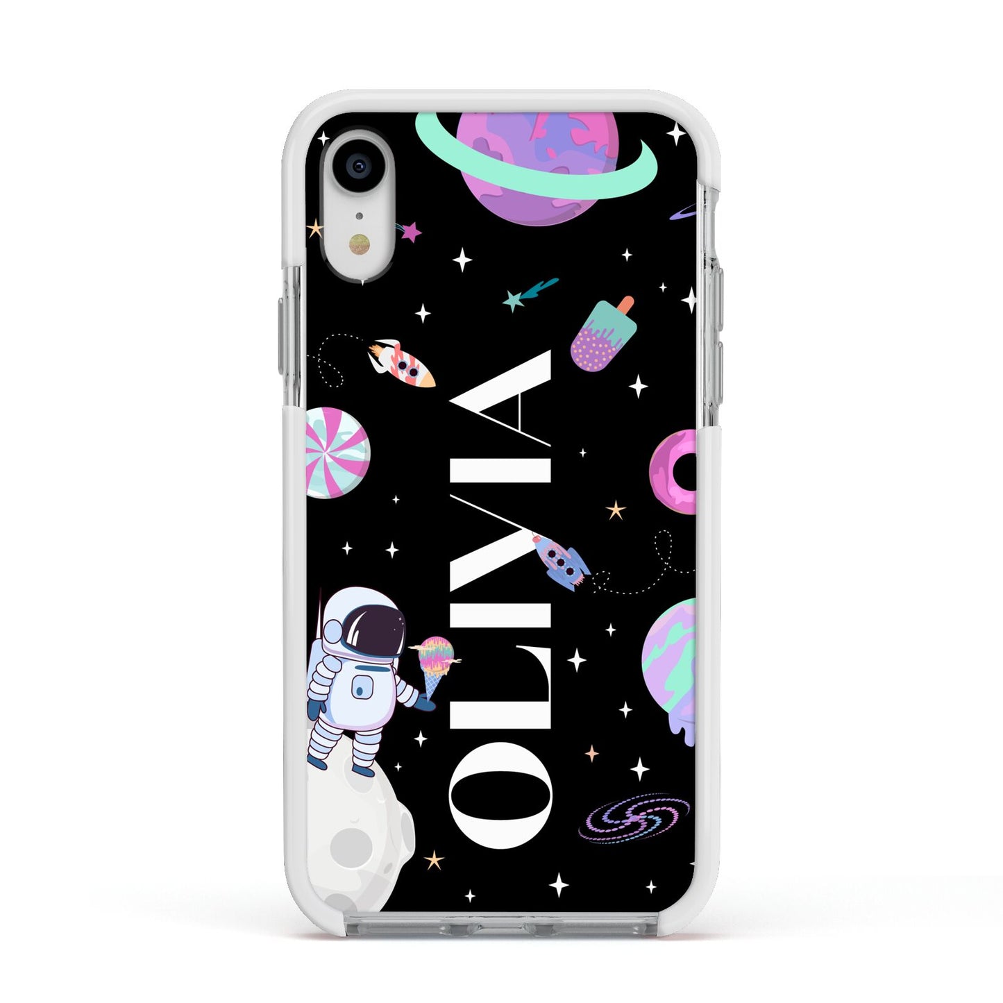 Sweet Treats in Space with Name Apple iPhone XR Impact Case White Edge on Silver Phone