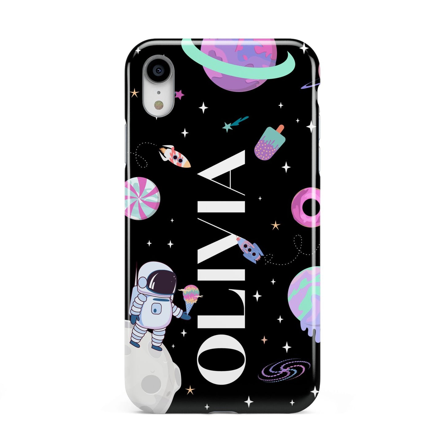Sweet Treats in Space with Name Apple iPhone XR White 3D Tough Case