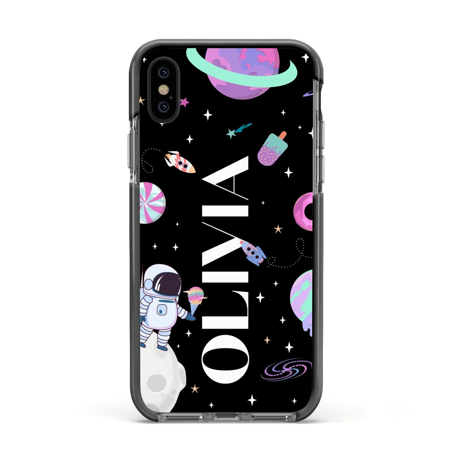 Sweet Treats in Space with Name Apple iPhone Xs Impact Case Black Edge on Black Phone