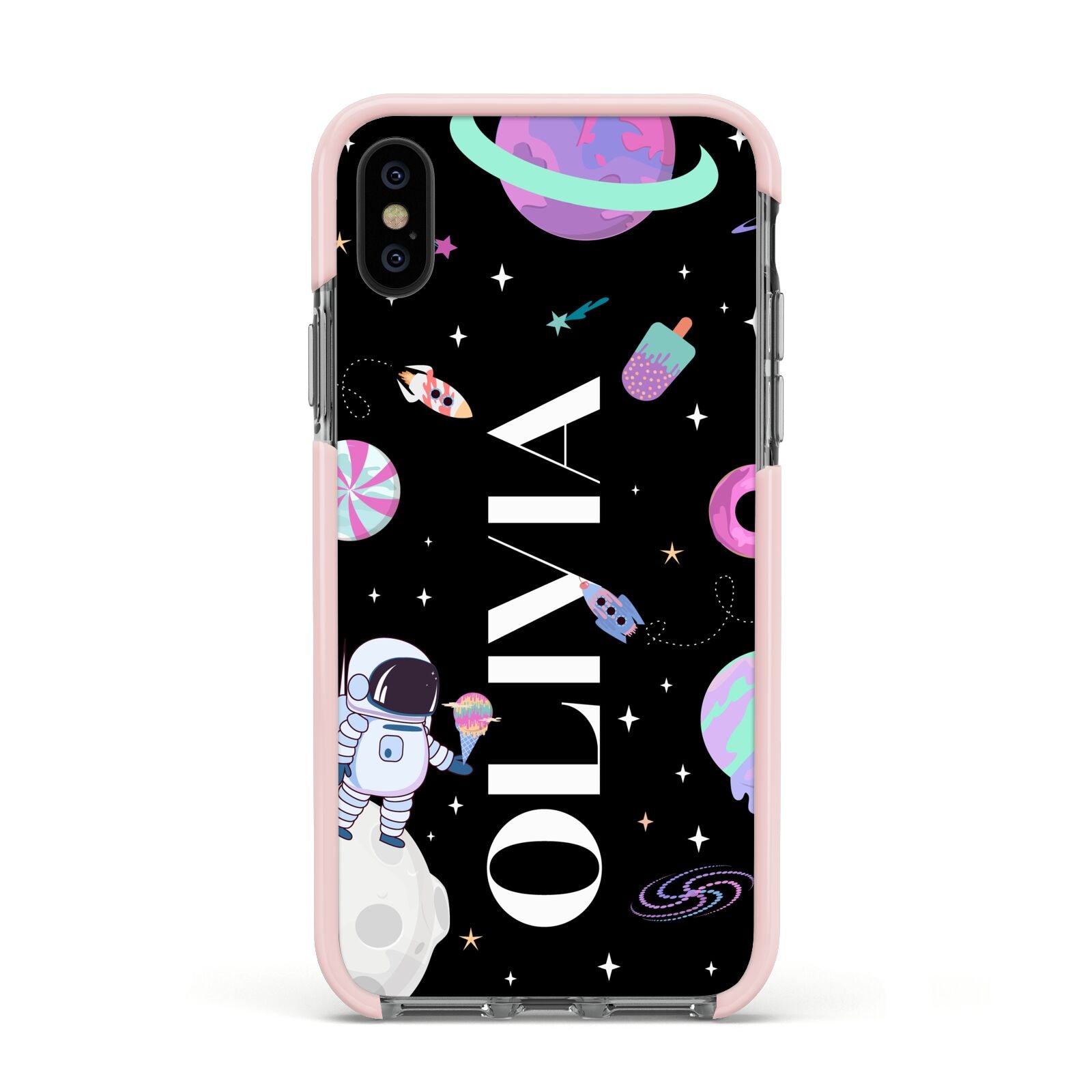 Sweet Treats in Space with Name Apple iPhone Xs Impact Case Pink Edge on Black Phone