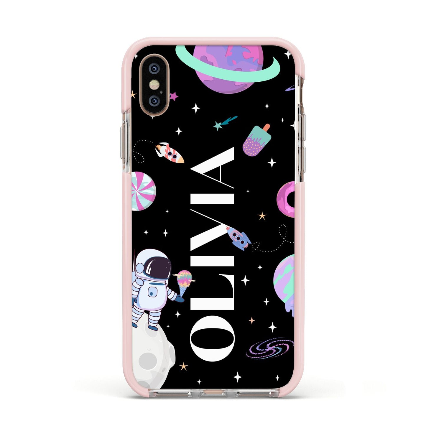 Sweet Treats in Space with Name Apple iPhone Xs Impact Case Pink Edge on Gold Phone