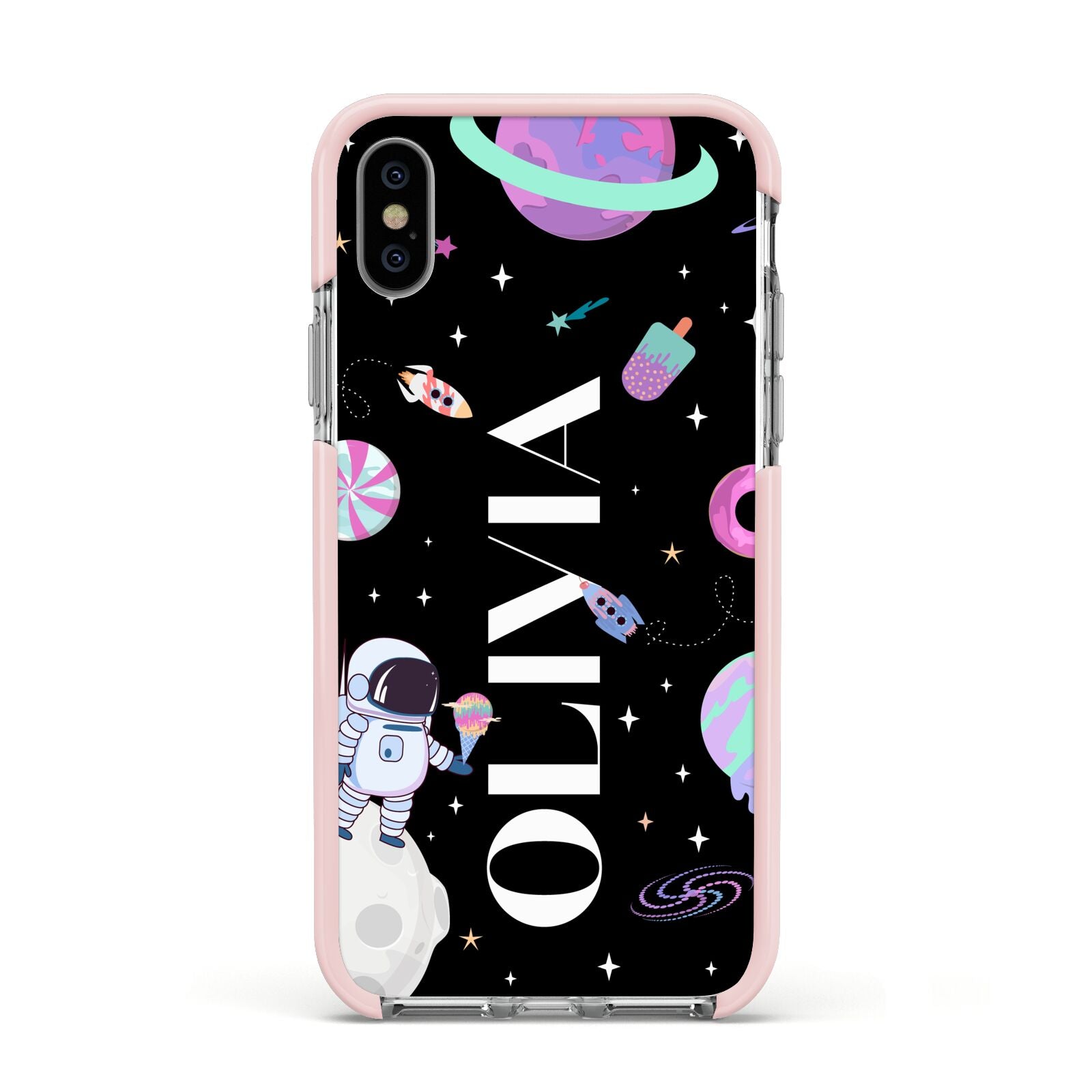 Sweet Treats in Space with Name Apple iPhone Xs Impact Case Pink Edge on Silver Phone