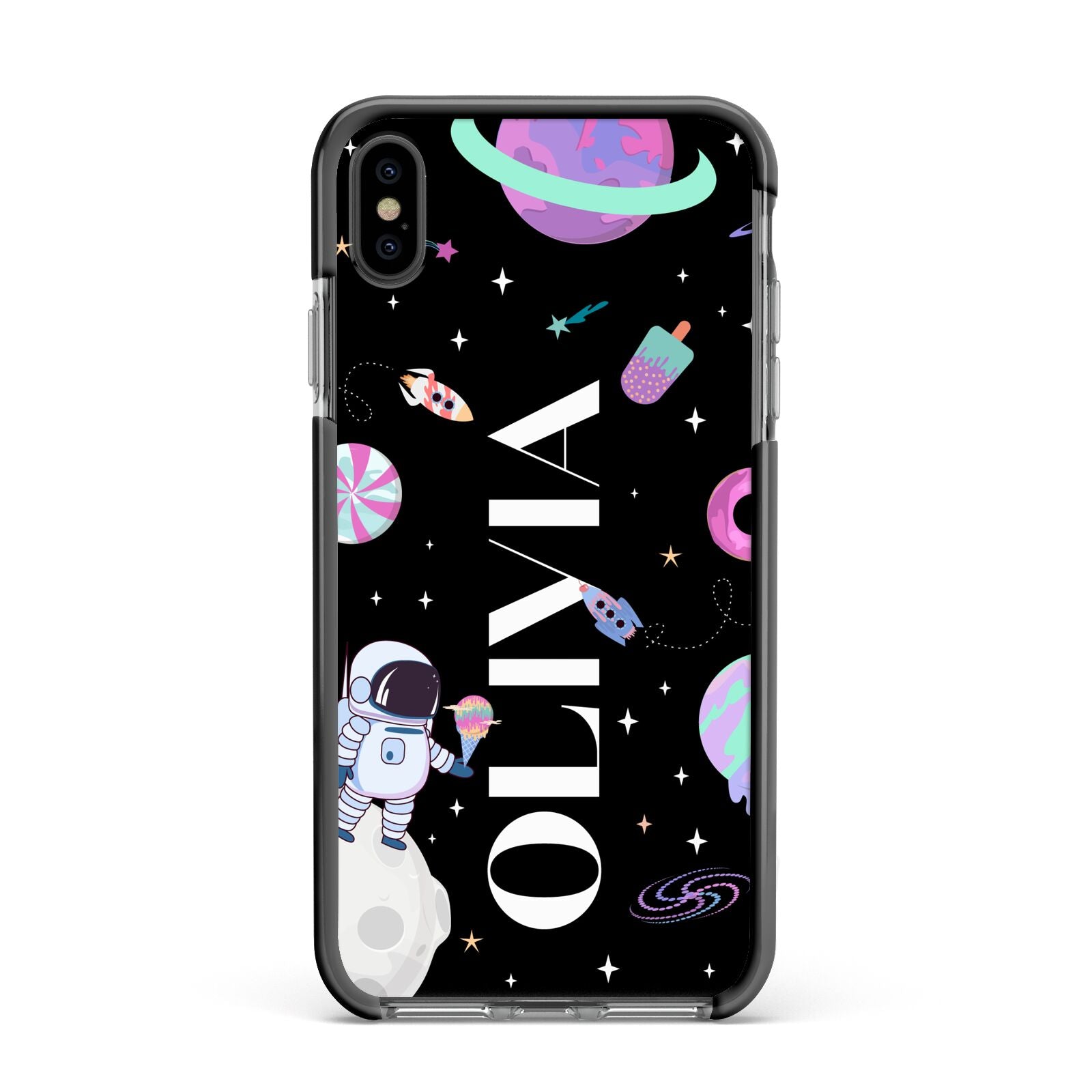 Sweet Treats in Space with Name Apple iPhone Xs Max Impact Case Black Edge on Black Phone