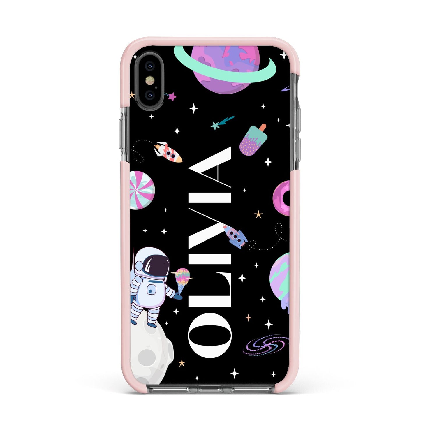 Sweet Treats in Space with Name Apple iPhone Xs Max Impact Case Pink Edge on Black Phone