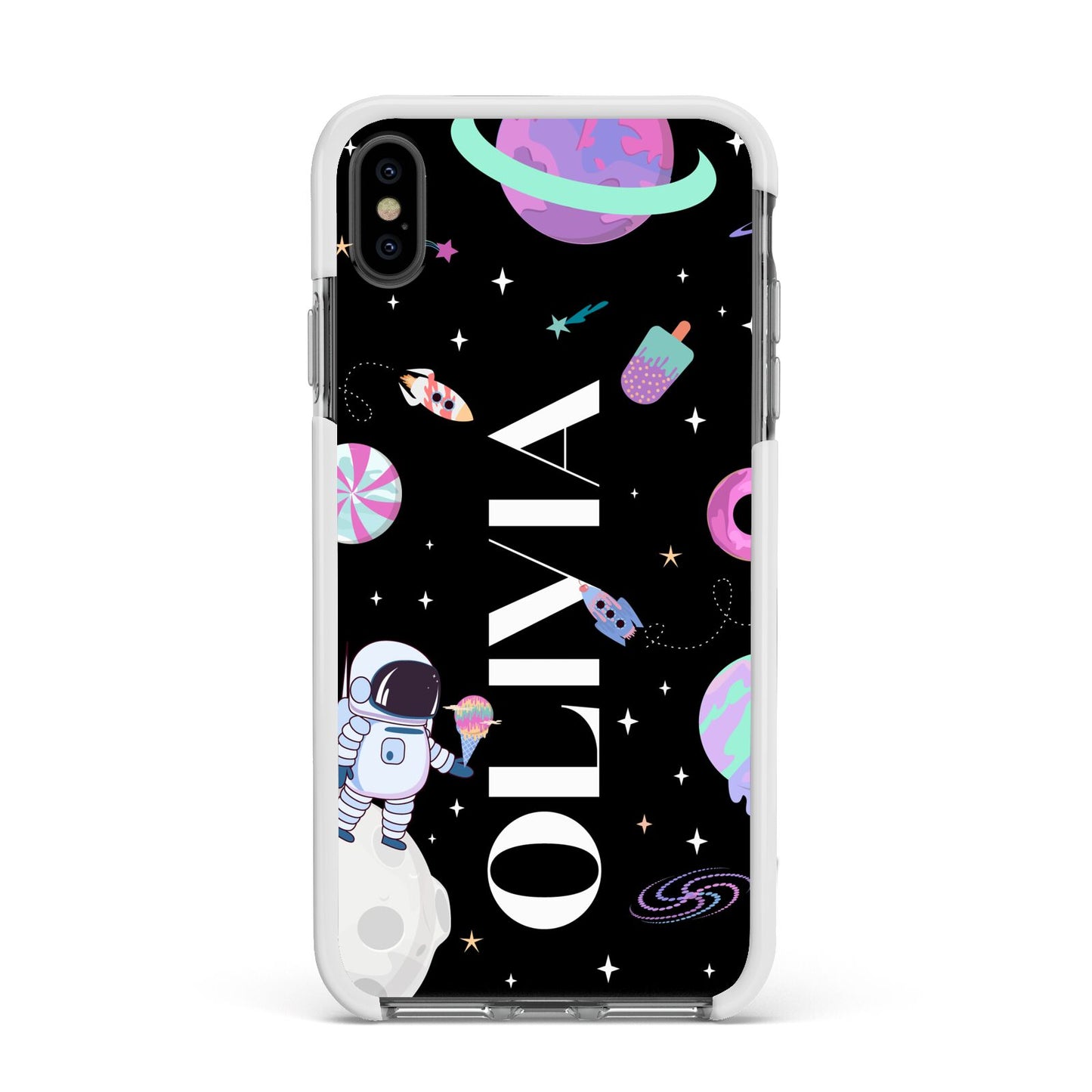 Sweet Treats in Space with Name Apple iPhone Xs Max Impact Case White Edge on Black Phone