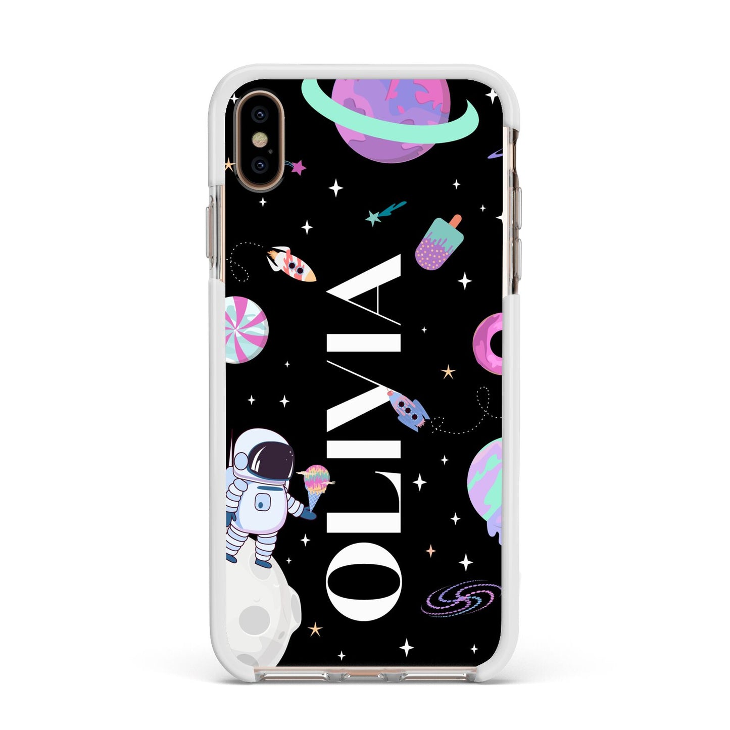 Sweet Treats in Space with Name Apple iPhone Xs Max Impact Case White Edge on Gold Phone