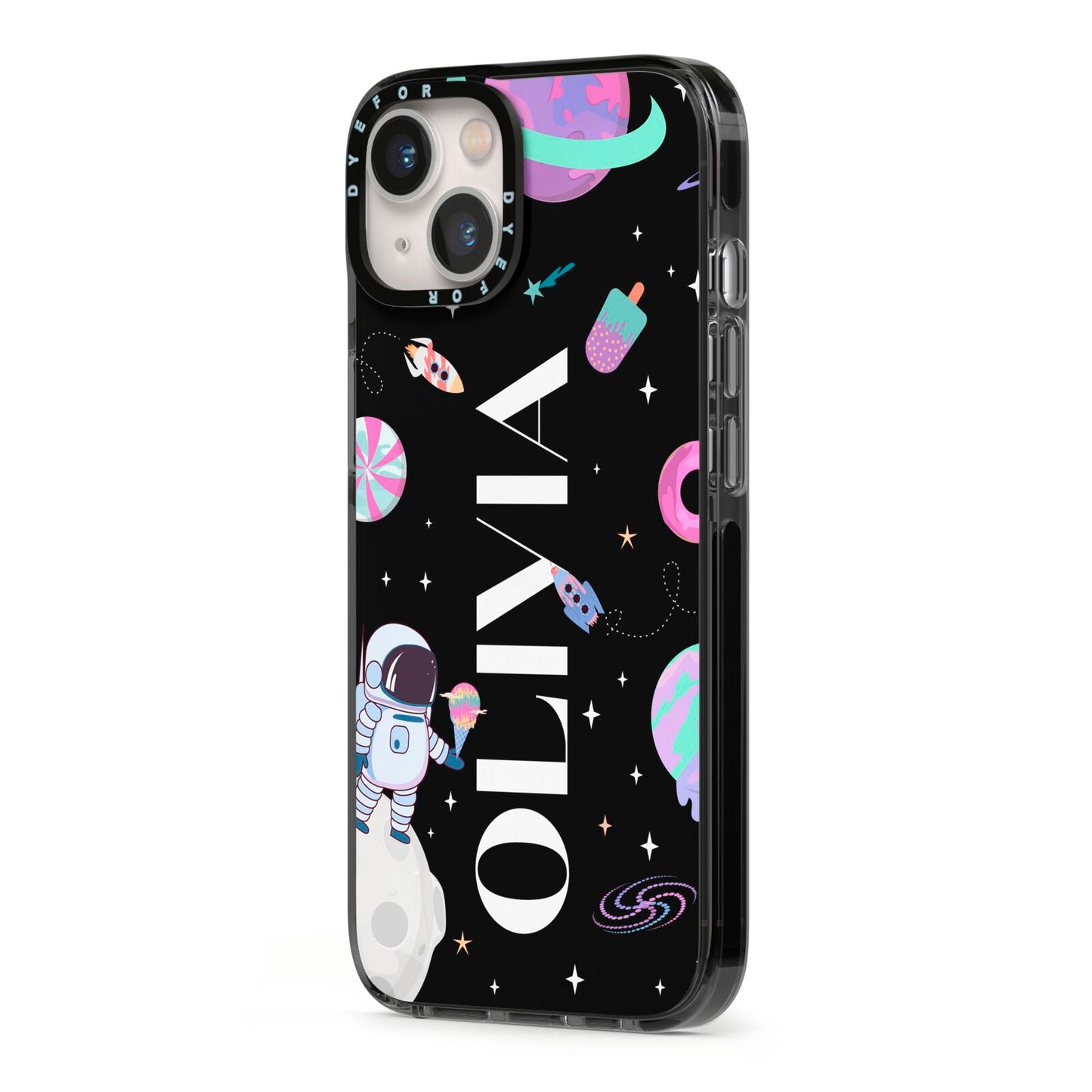 Sweet Treats in Space with Name iPhone 13 Black Impact Case Side Angle on Silver phone