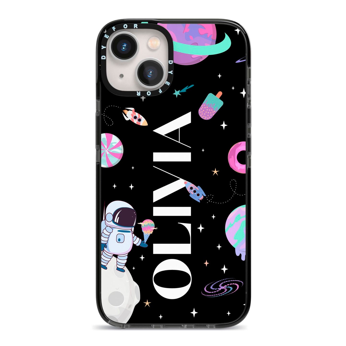Sweet Treats in Space with Name iPhone 13 Black Impact Case on Silver phone