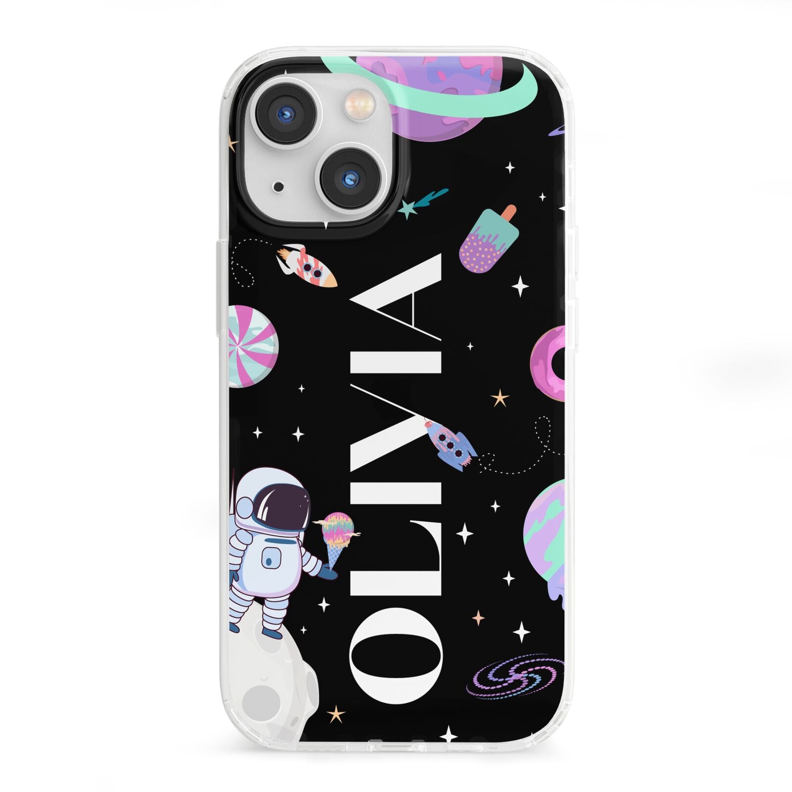 Sweet Treats in Space with Name iPhone 13 Mini Clear Bumper Case