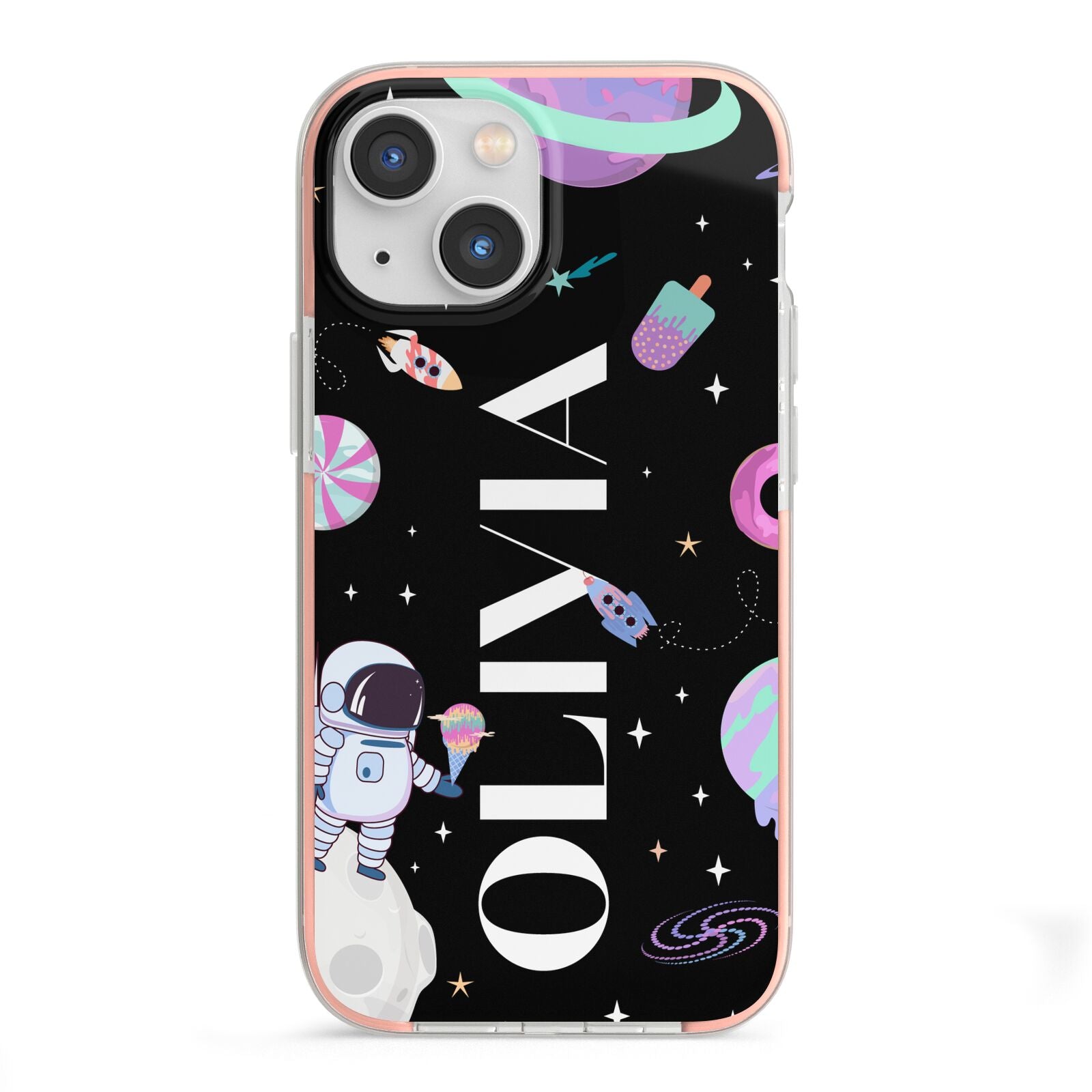 Sweet Treats in Space with Name iPhone 13 Mini TPU Impact Case with Pink Edges