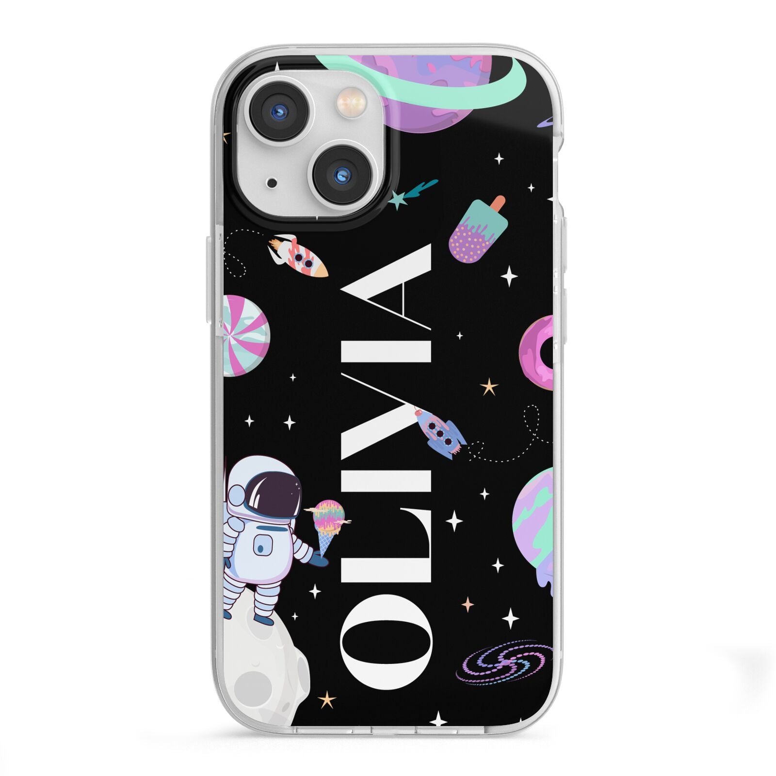 Sweet Treats in Space with Name iPhone 13 Mini TPU Impact Case with White Edges