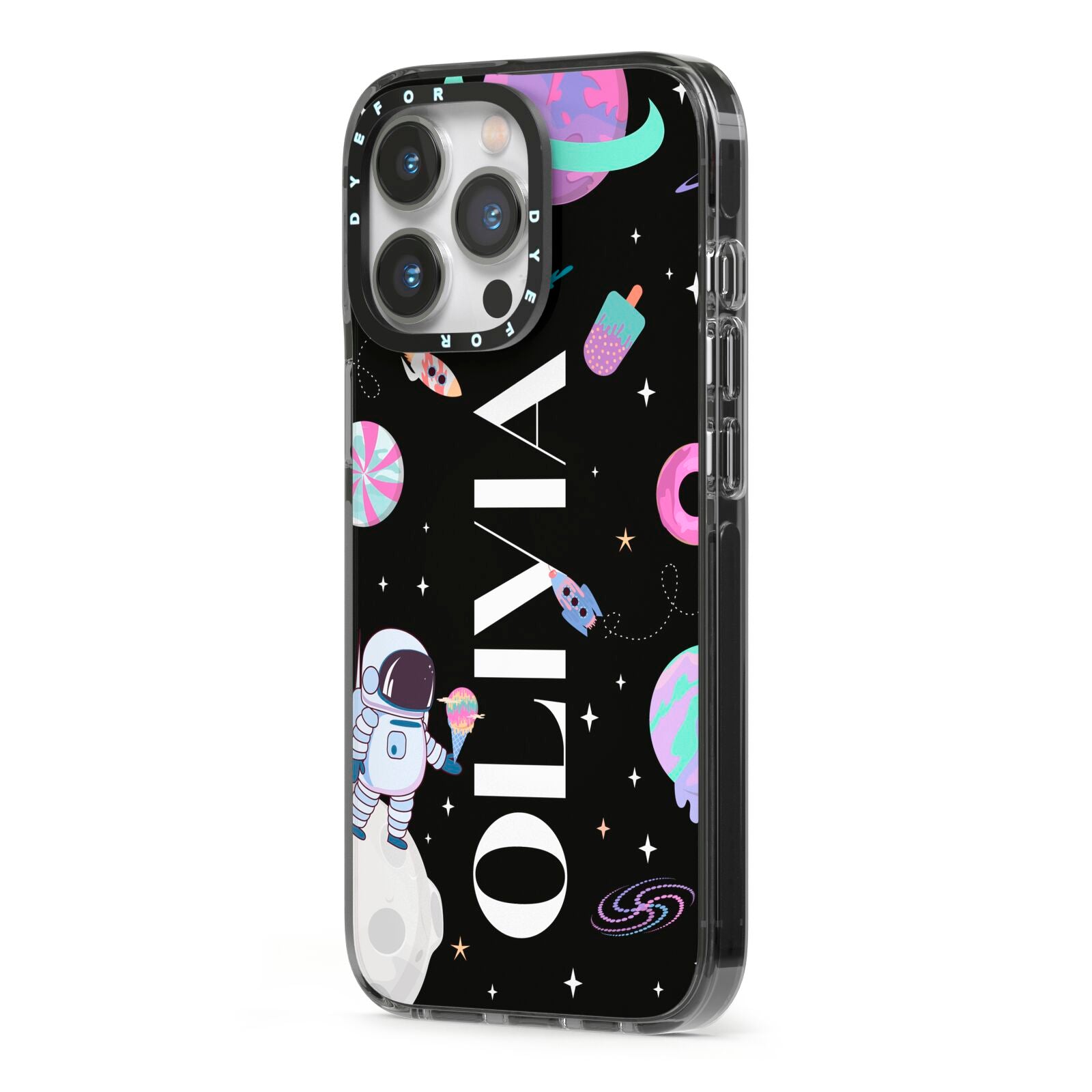 Sweet Treats in Space with Name iPhone 13 Pro Black Impact Case Side Angle on Silver phone