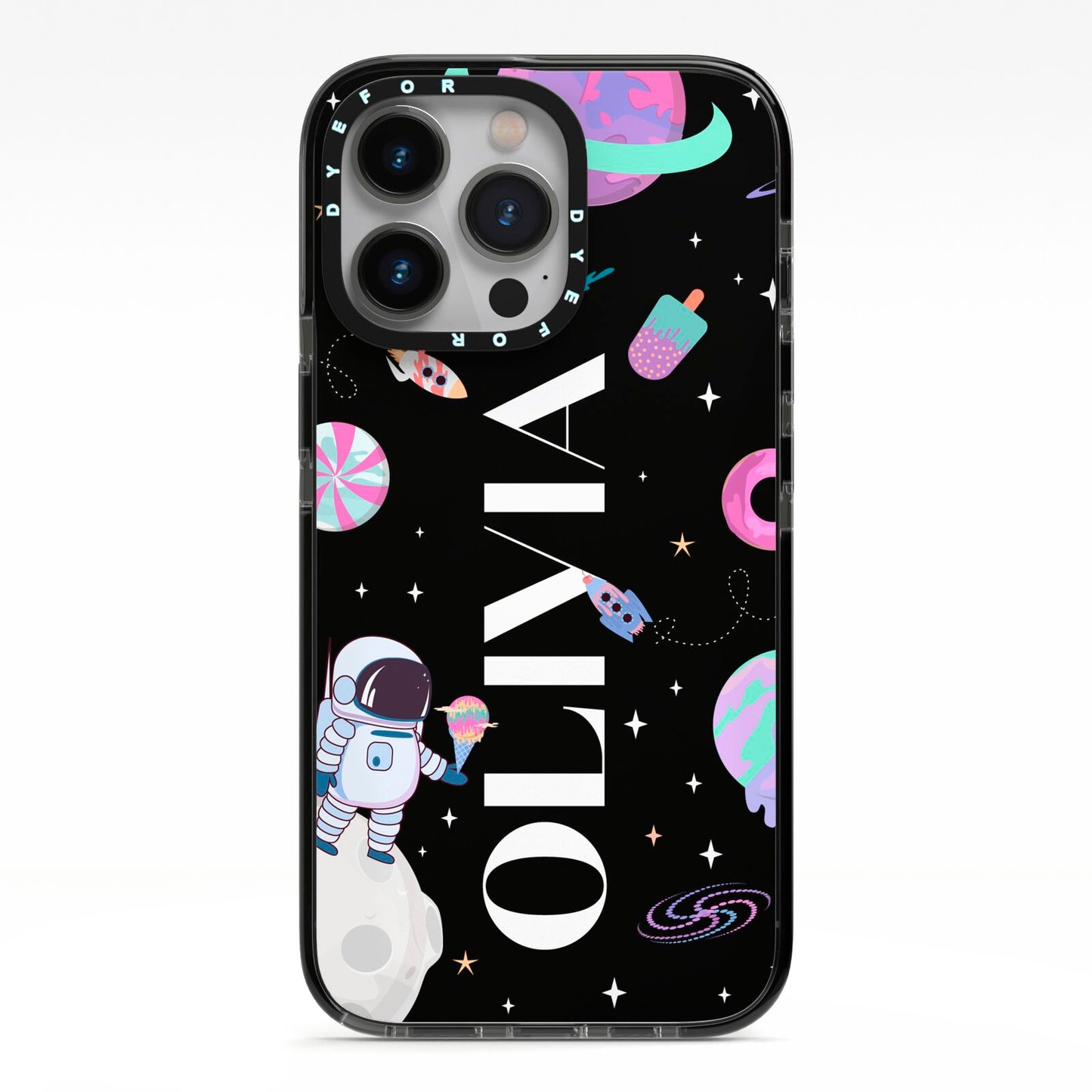 Sweet Treats in Space with Name iPhone 13 Pro Black Impact Case on Silver phone