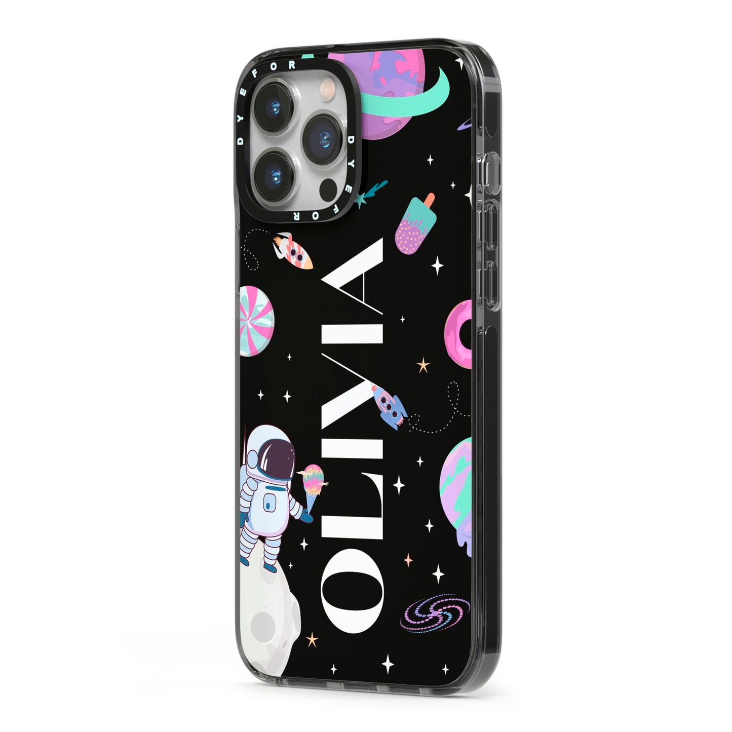 Sweet Treats in Space with Name iPhone 13 Pro Max Black Impact Case Side Angle on Silver phone
