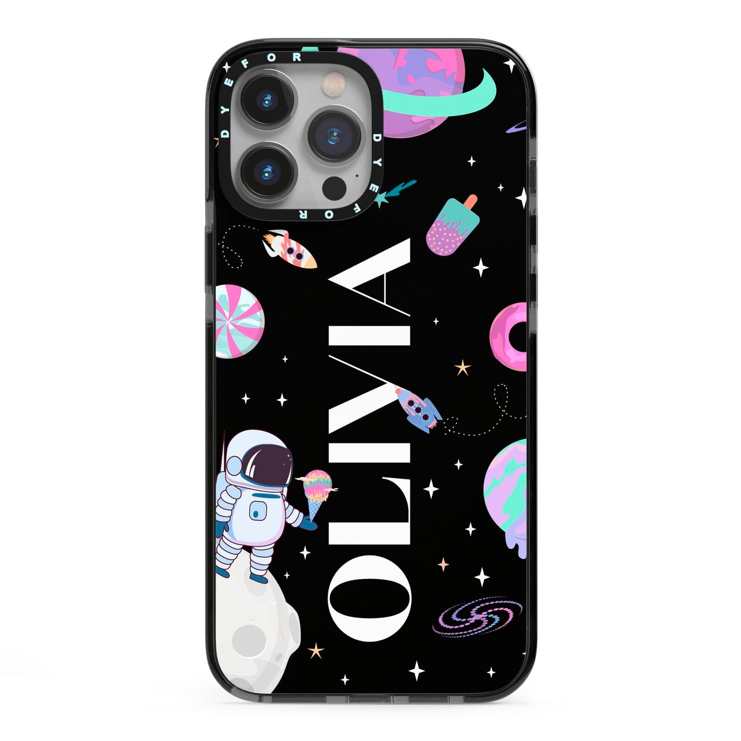 Sweet Treats in Space with Name iPhone 13 Pro Max Black Impact Case on Silver phone