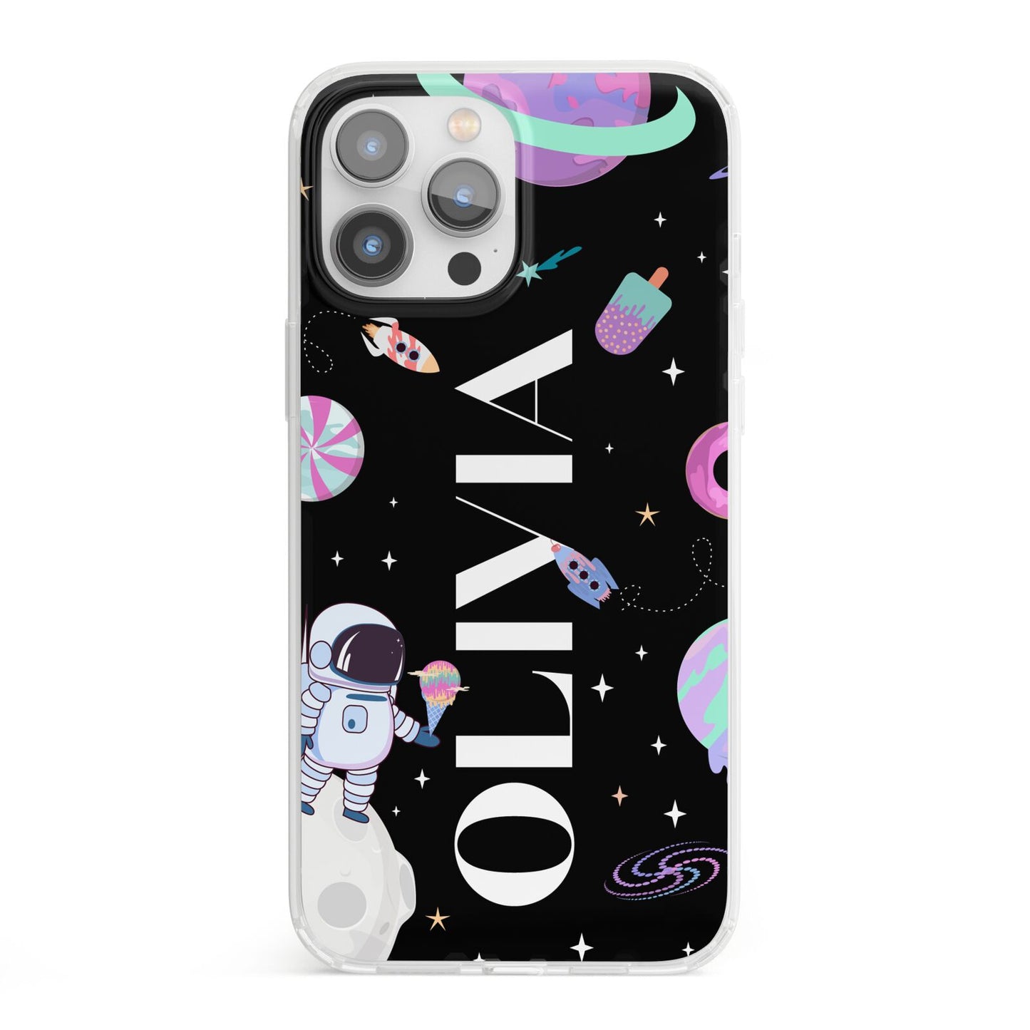 Sweet Treats in Space with Name iPhone 13 Pro Max Clear Bumper Case