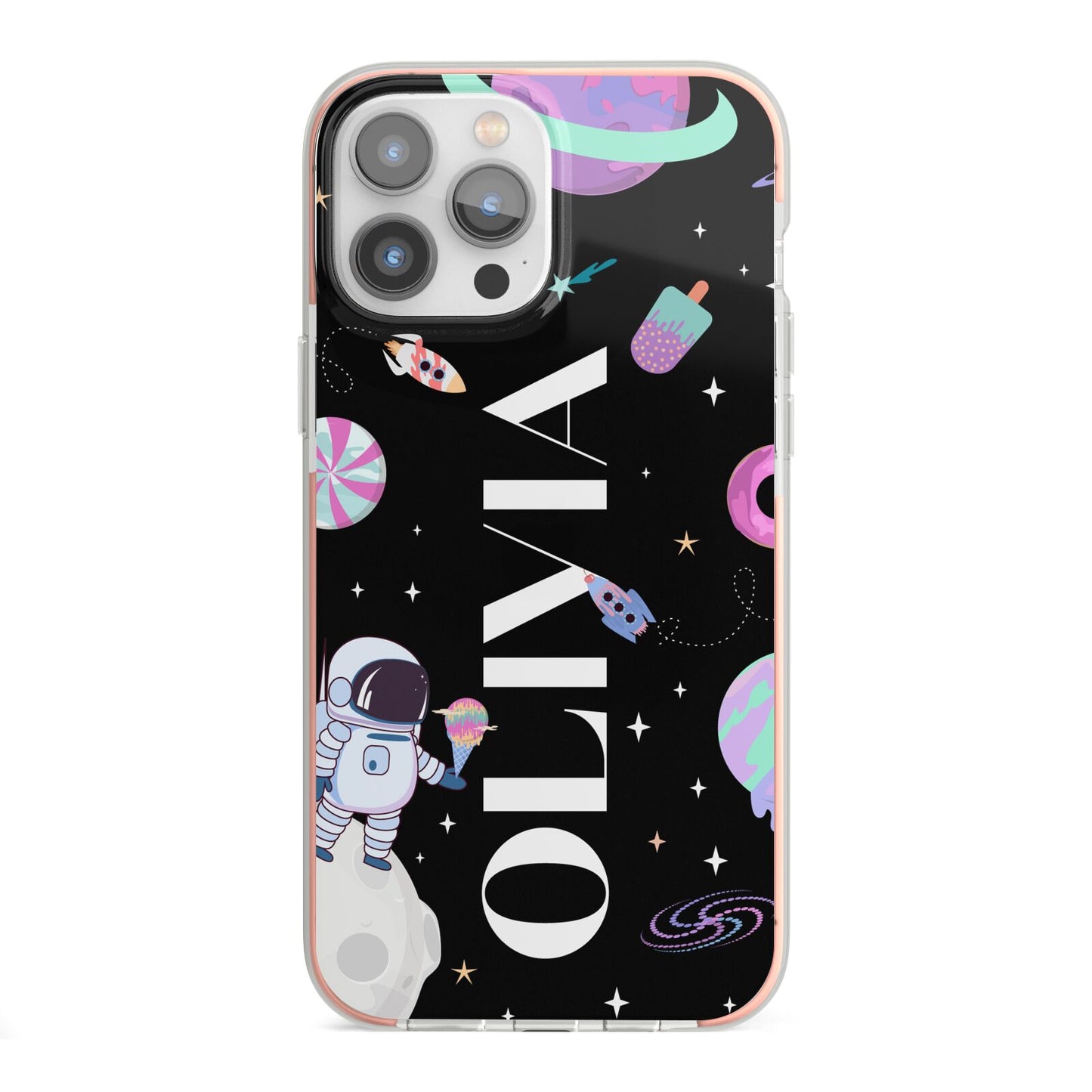 Sweet Treats in Space with Name iPhone 13 Pro Max TPU Impact Case with Pink Edges