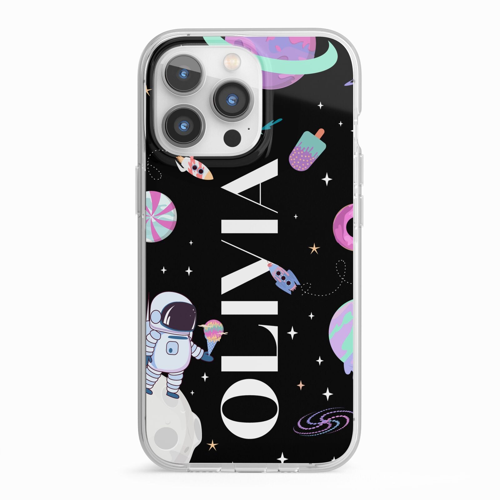 Sweet Treats in Space with Name iPhone 13 Pro TPU Impact Case with White Edges