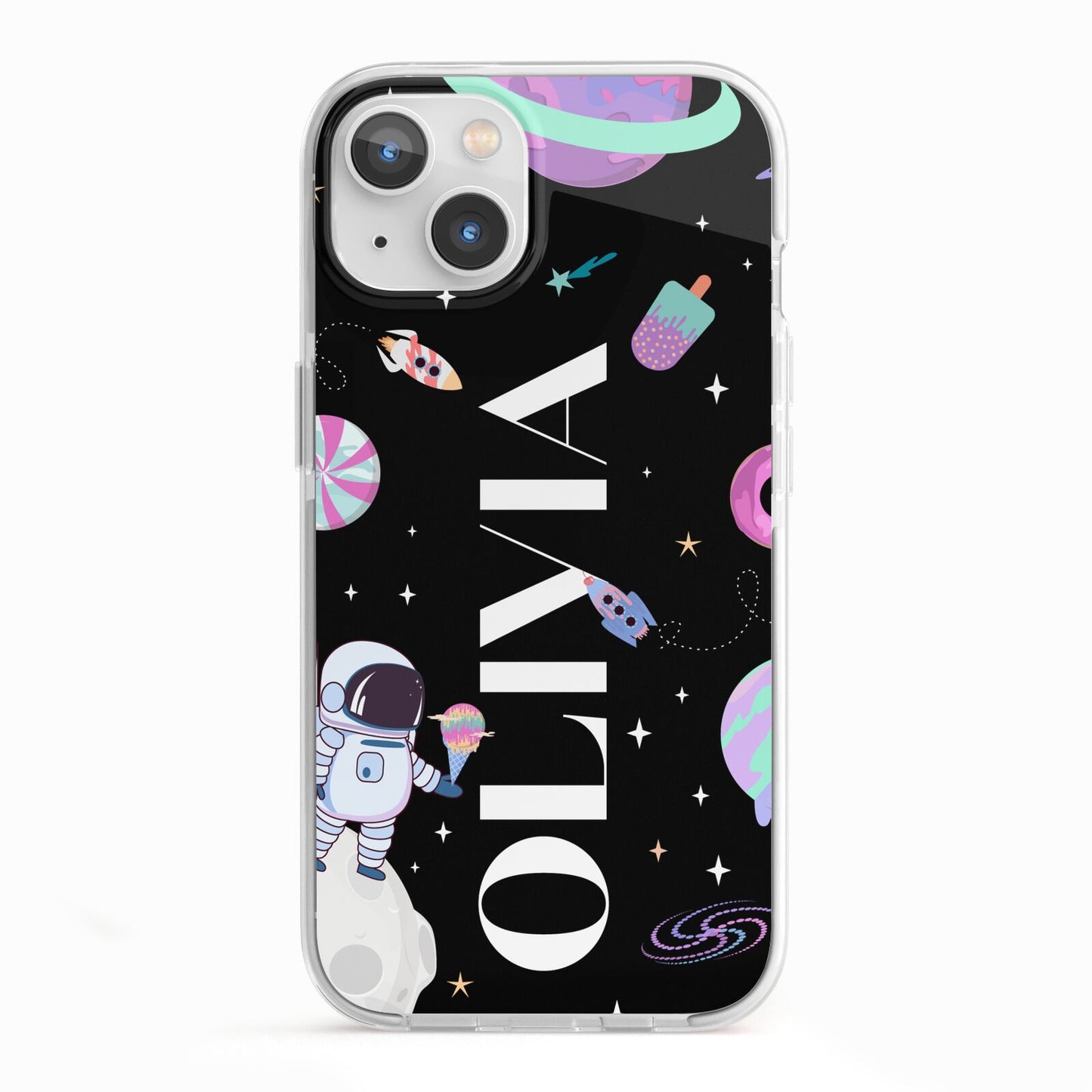 Sweet Treats in Space with Name iPhone 13 TPU Impact Case with White Edges